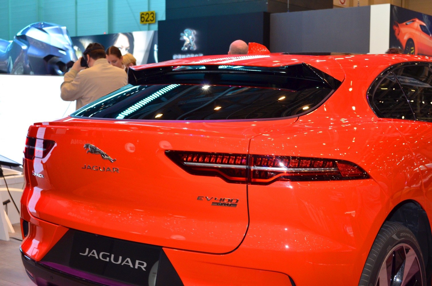 Rear view of a vehicle with EV400 AWD badge and prominent spoiler