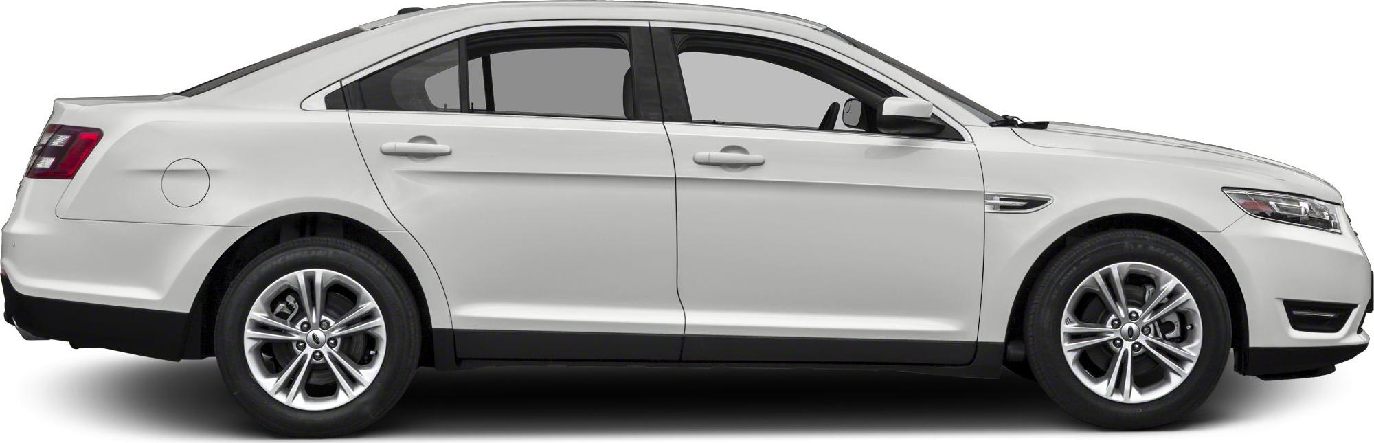 Side profile of a white mid-size sedan with alloy wheels and two-tone lower trim.