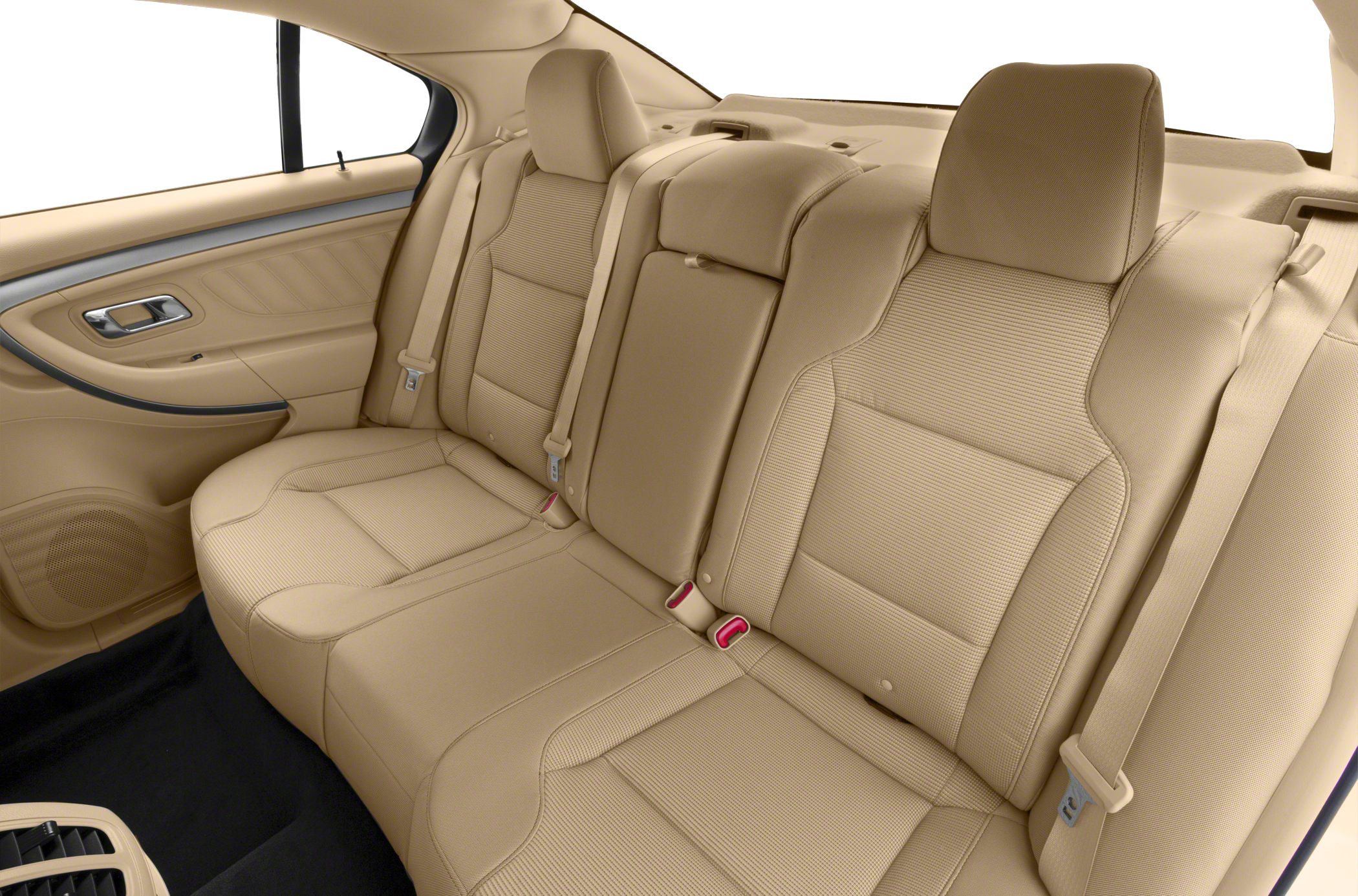 Beige leather rear seats with stitching and seat belts