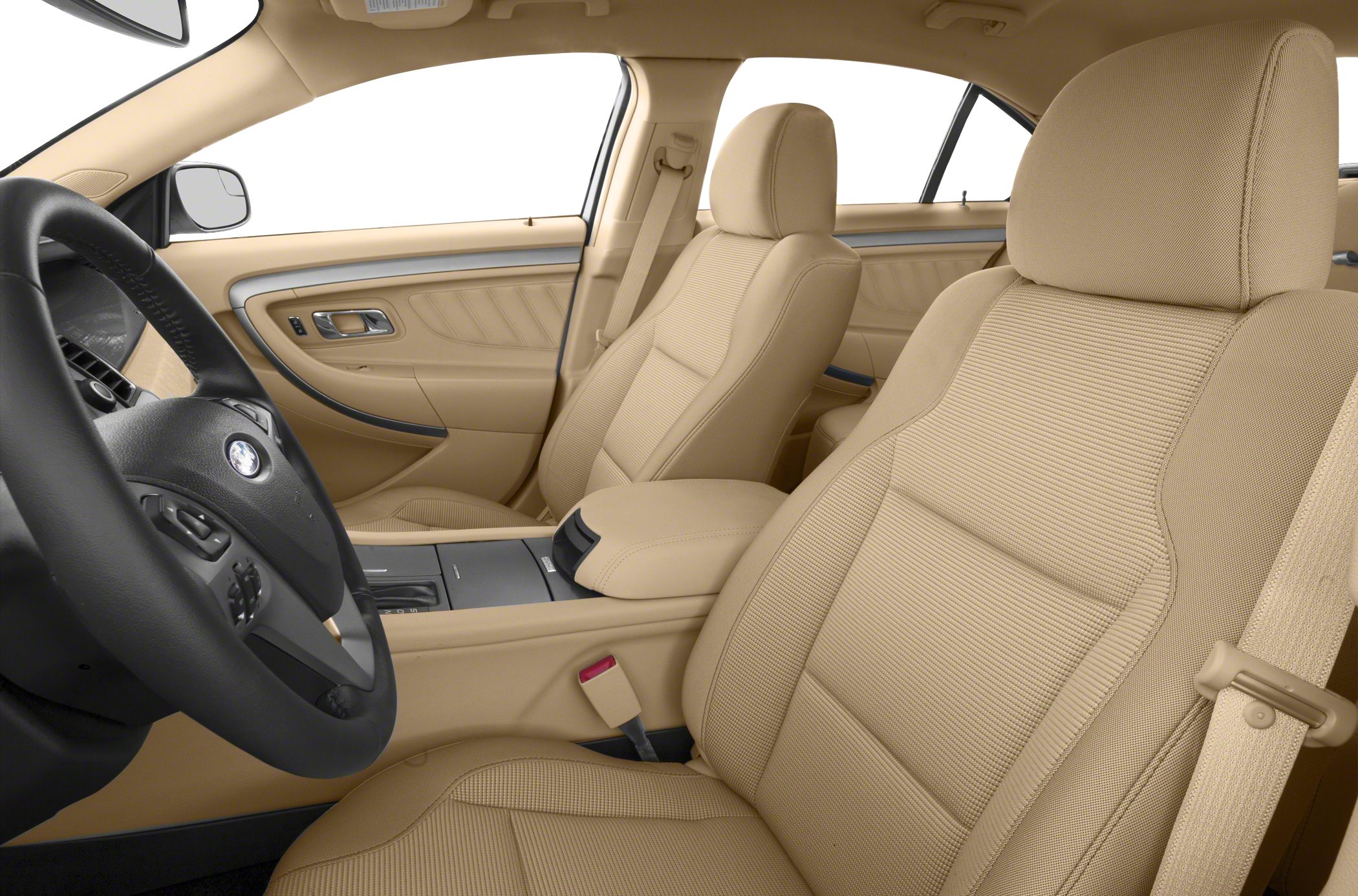 Beige fabric front seats with armrest and door panel interior