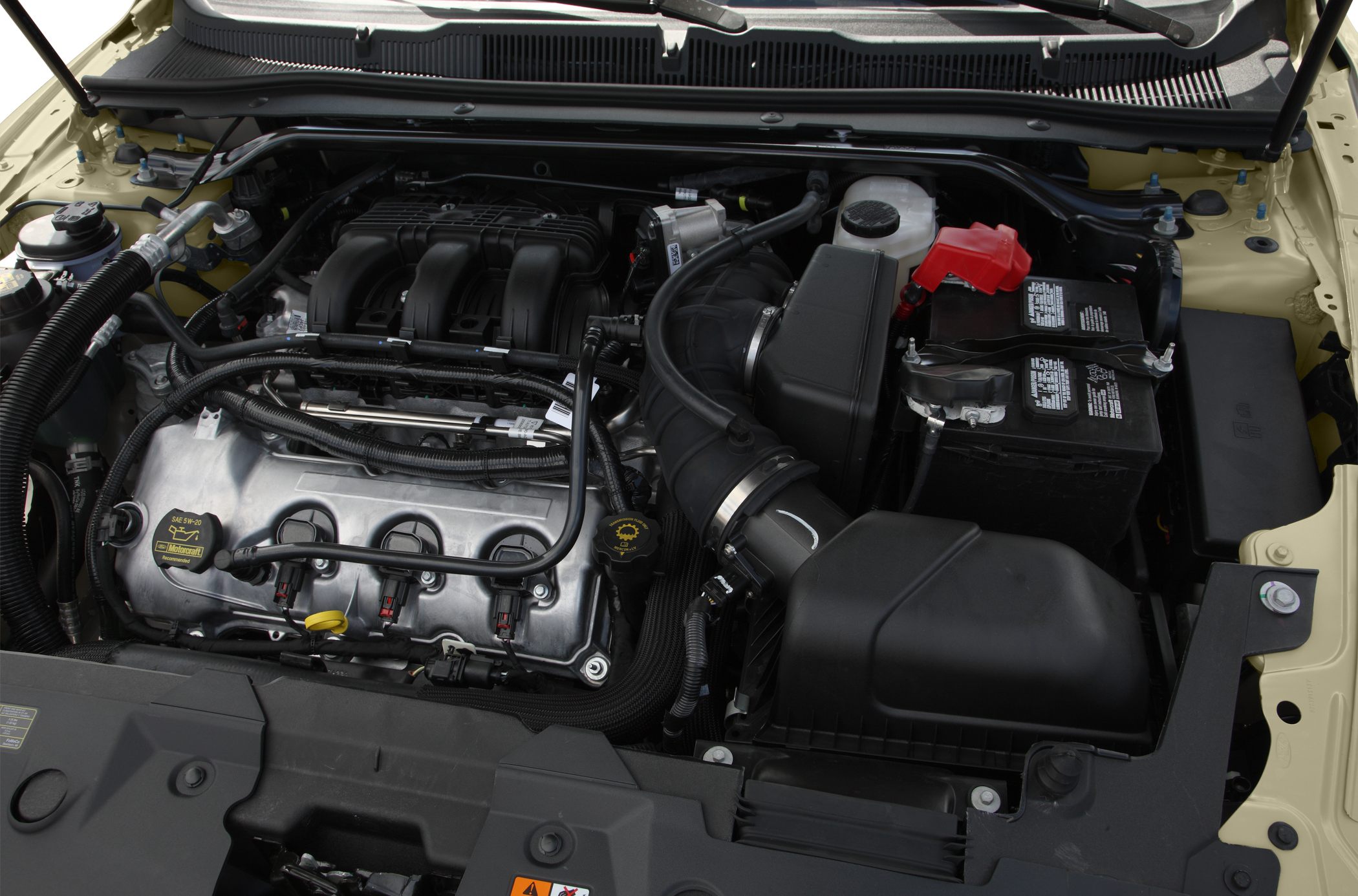 Close-up view of vehicle engine bay and components