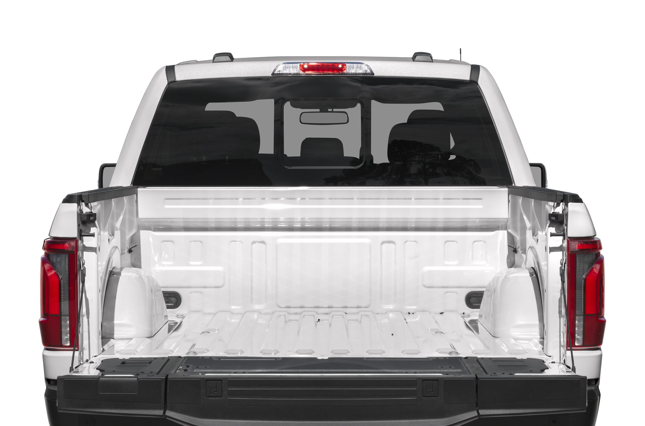 Open truck bed and tailgate with rear window of pickup