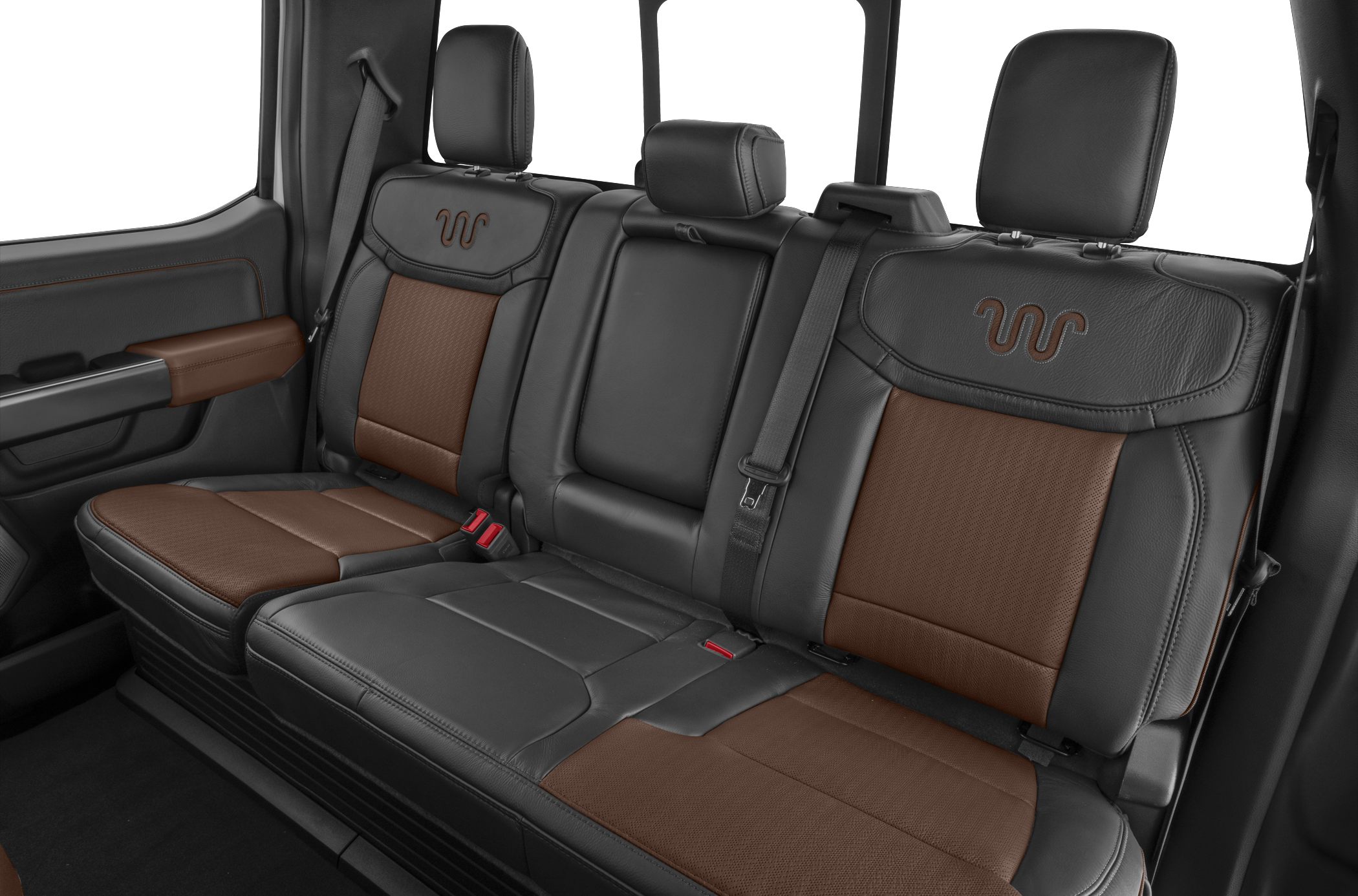 Two-tone leather rear seats with embossed design and seatbelts