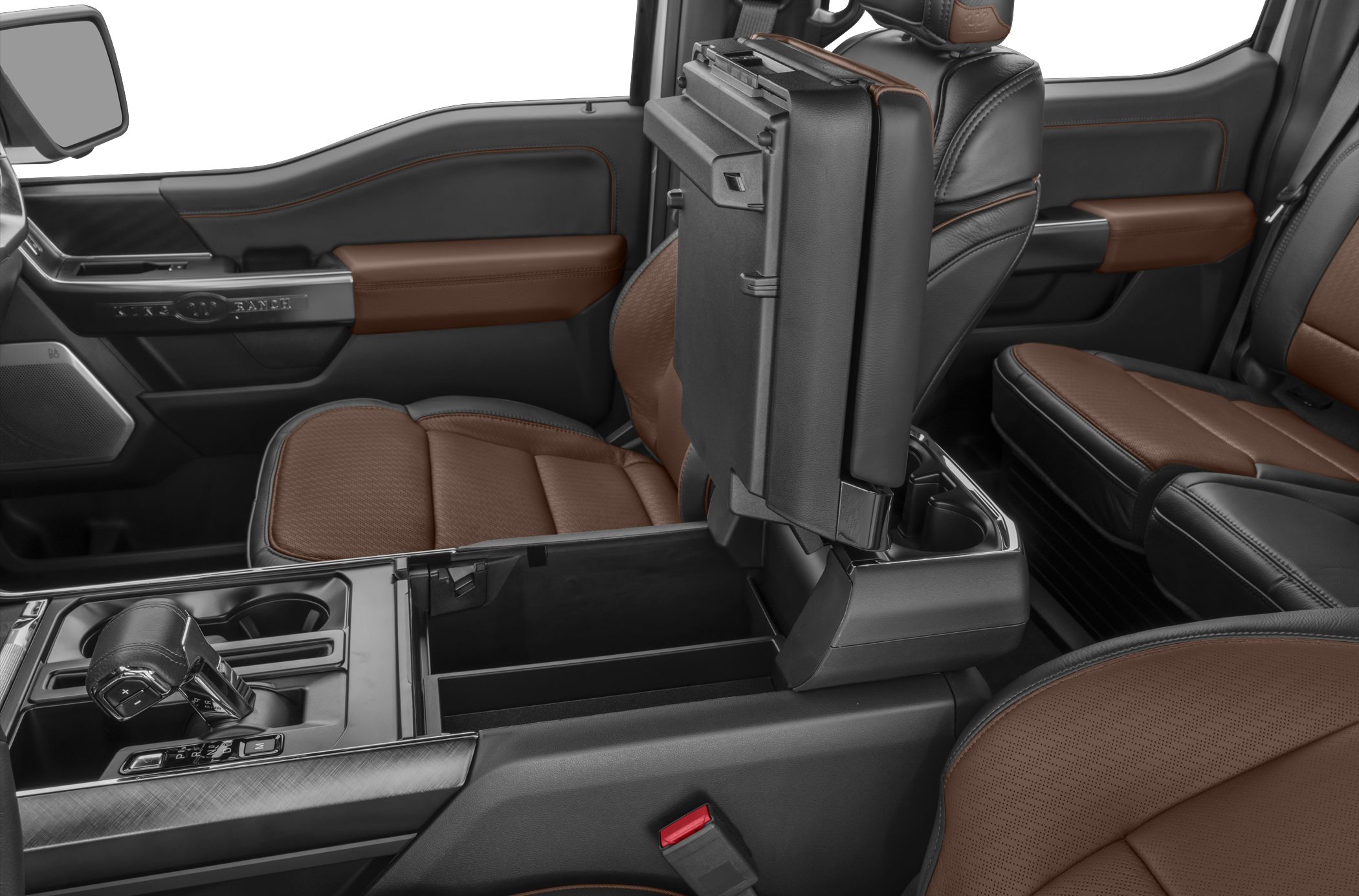 Two-tone leather seating with center console storage and modern gear shifter