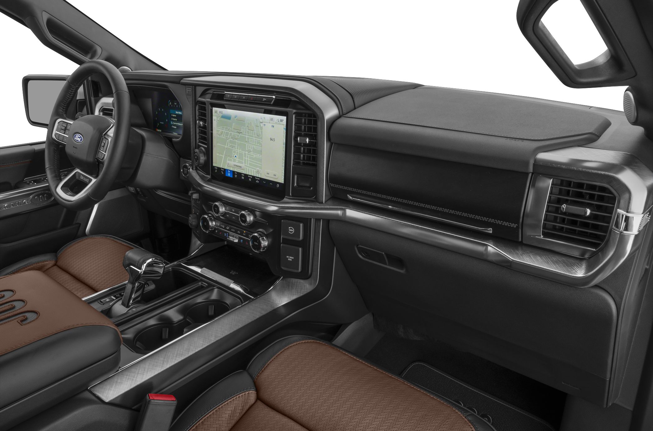 Modern truck interior with digital dashboard and brown leather seats