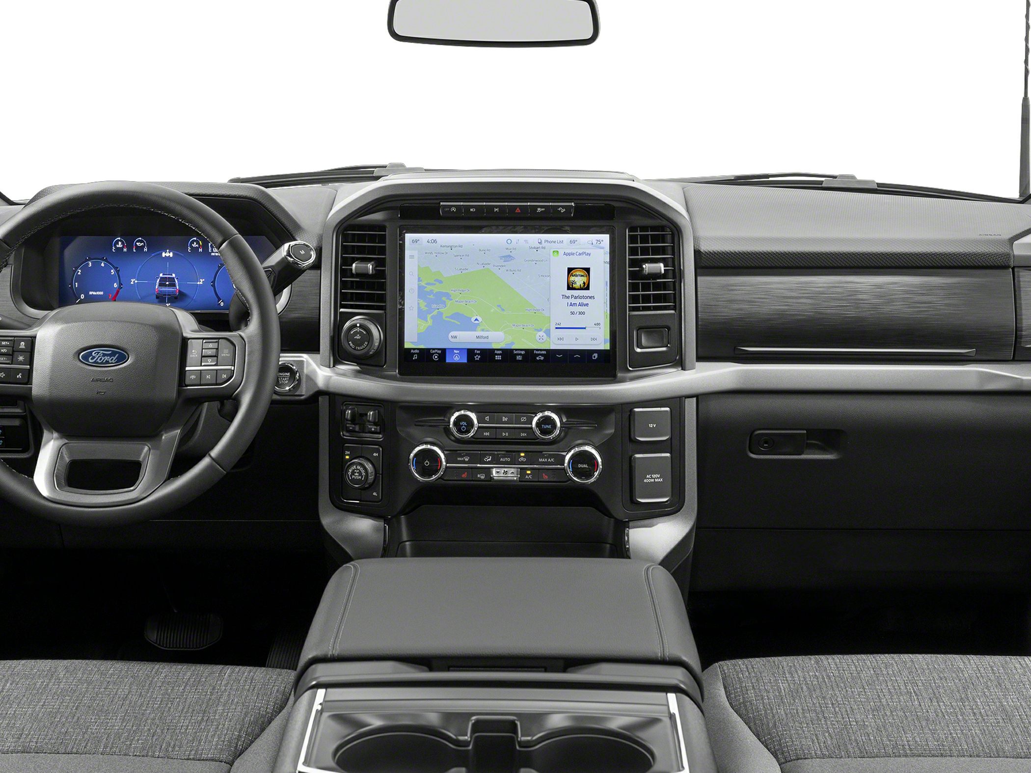 Digital dashboard and central touchscreen infotainment with climate controls