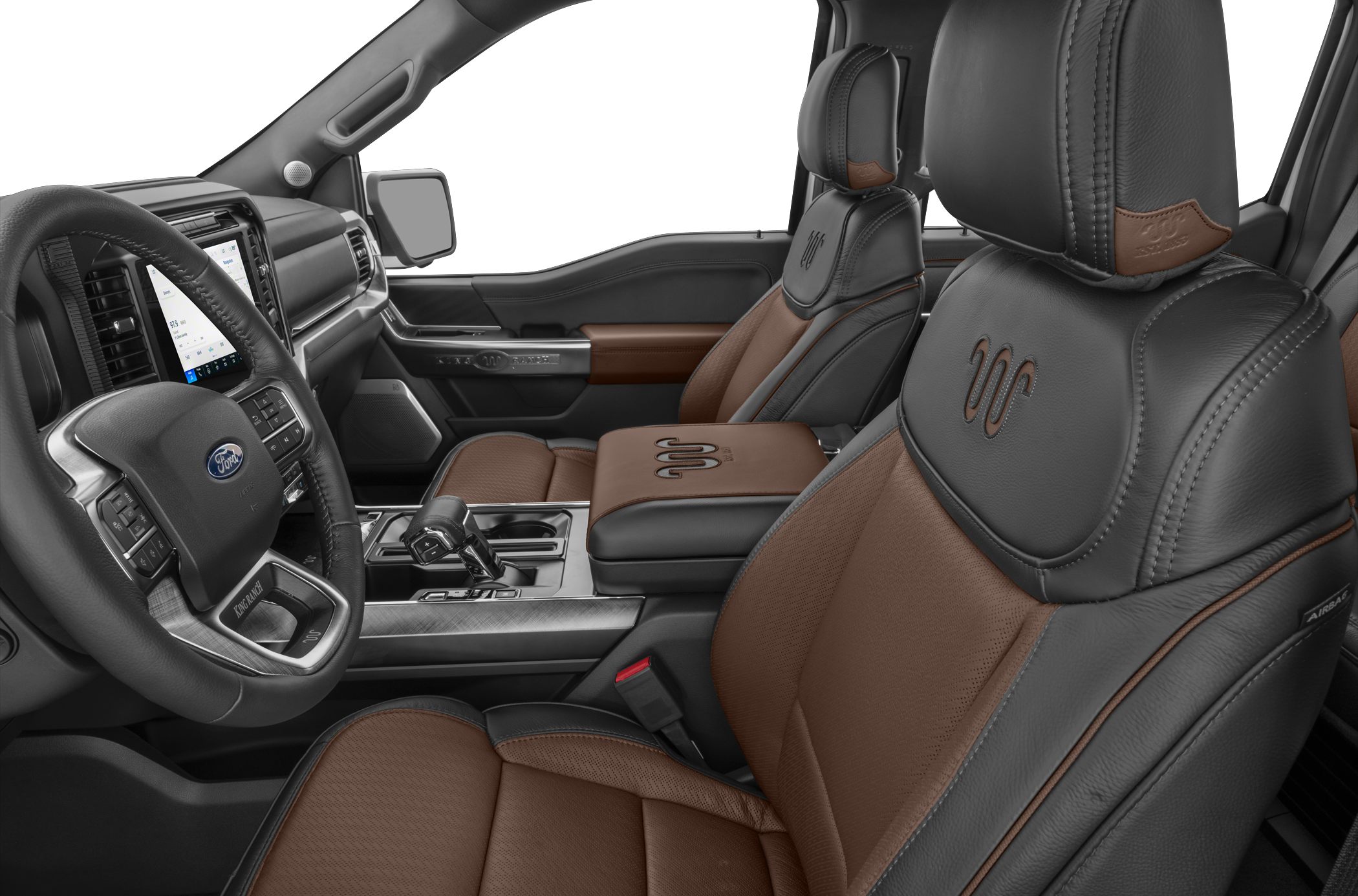 Black and brown leather seats with detailed stitching and modern dashboard