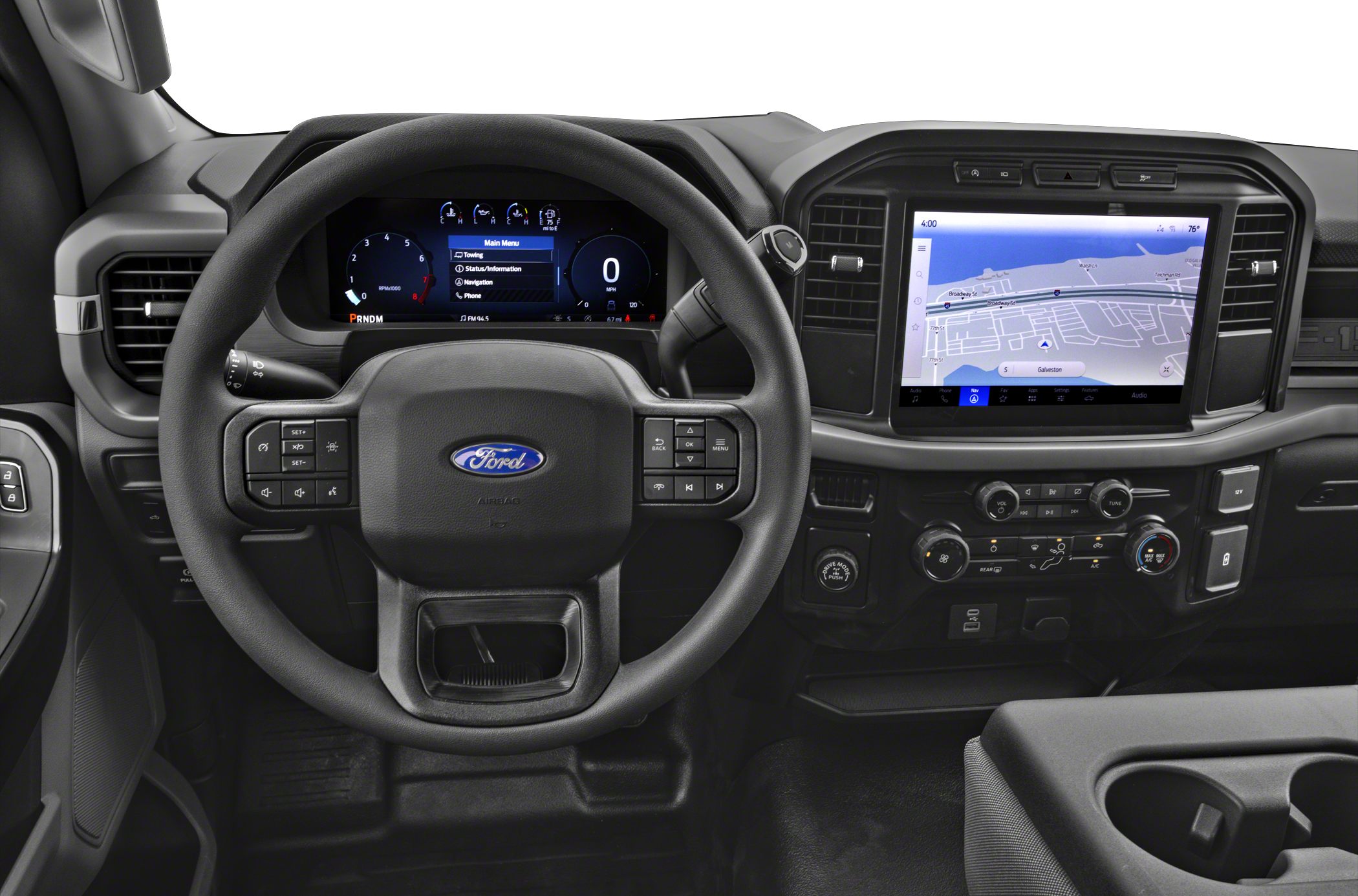 Digital instrument cluster and touchscreen infotainment system in truck interior