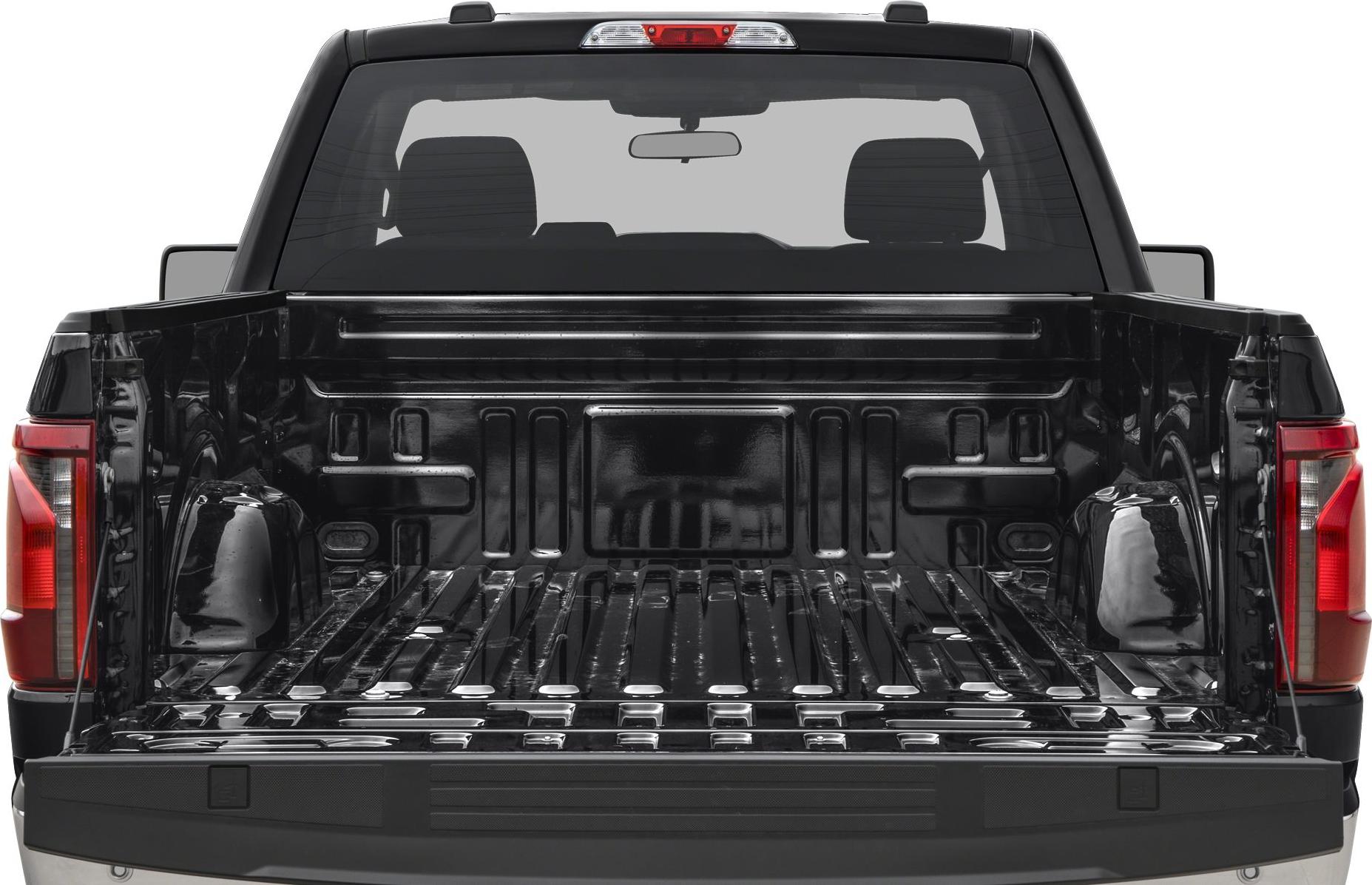 Open truck bed and tailgate of black pickup truck rear view
