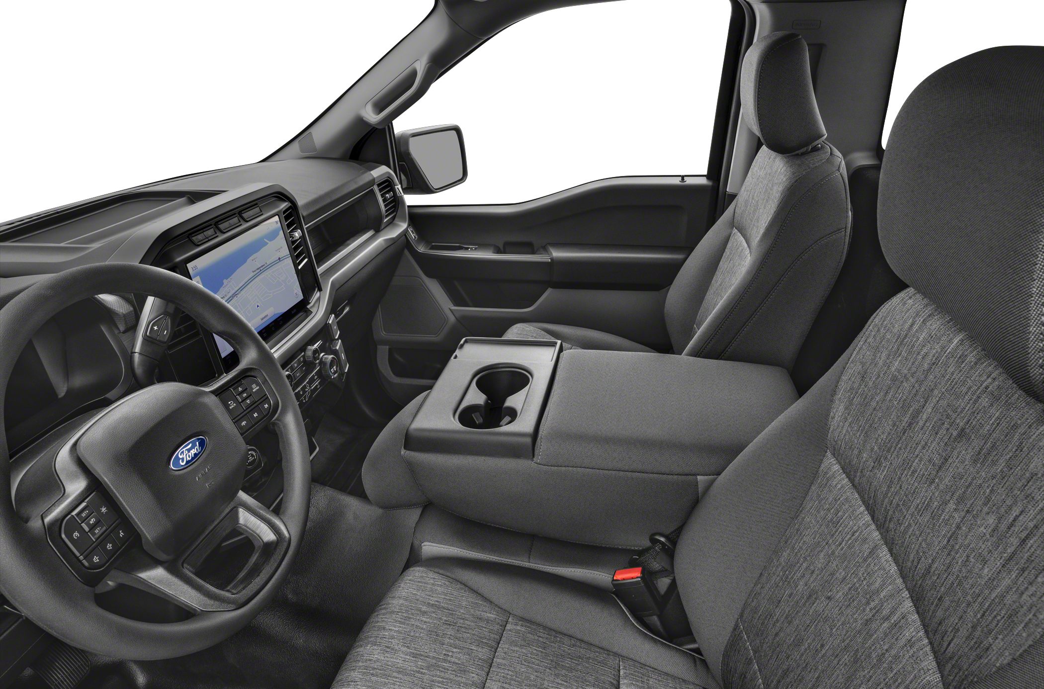 Modern truck interior with touchscreen dashboard and cloth seats