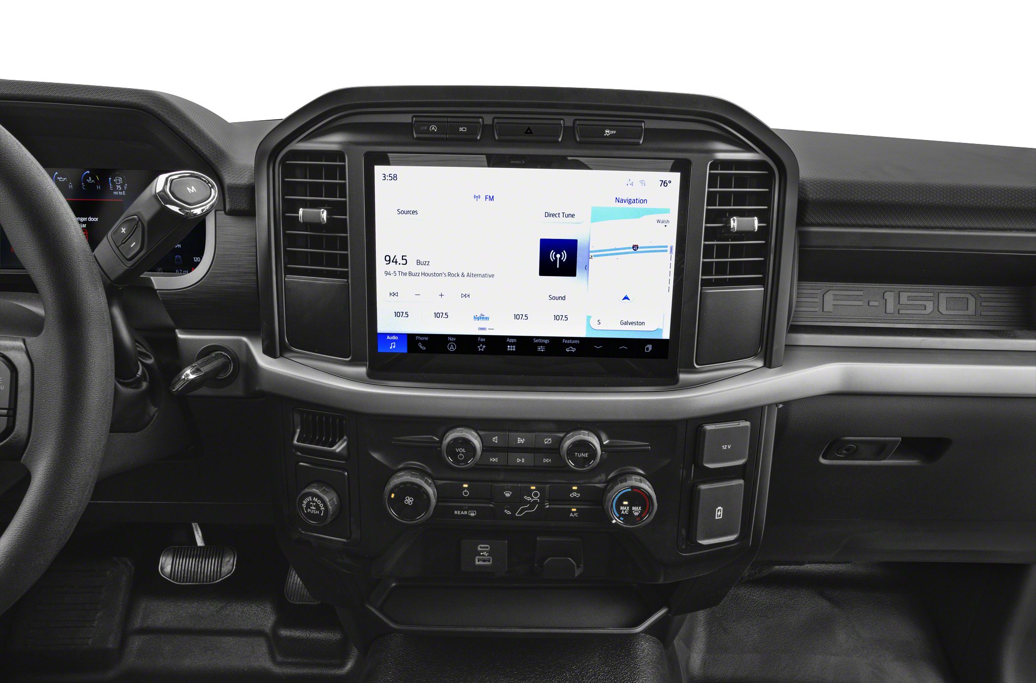 Truck dashboard with large infotainment touchscreen and control buttons