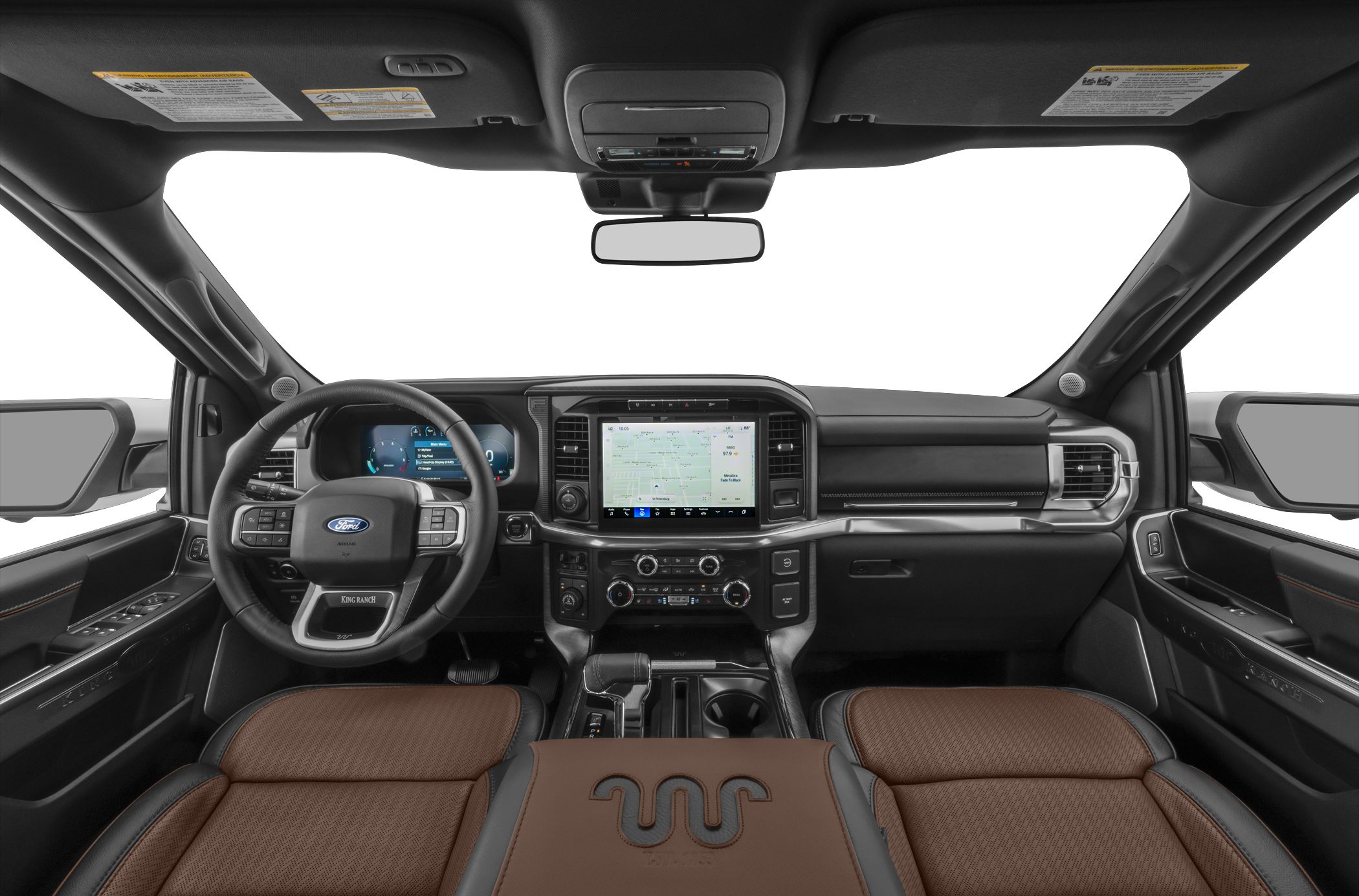 Modern dashboard with digital display and brown leather seats