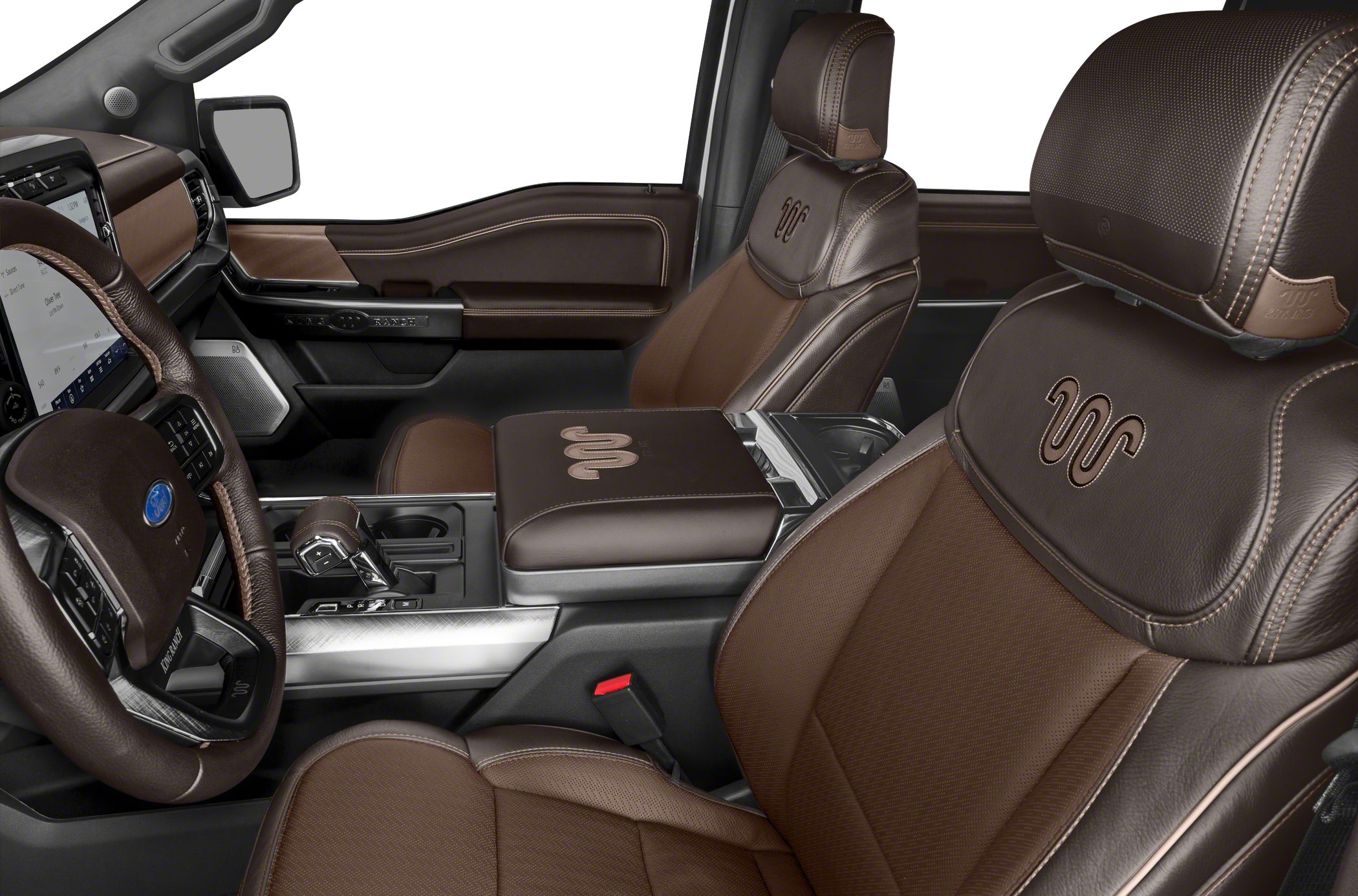 Luxurious brown leather seats and advanced dashboard in truck interior