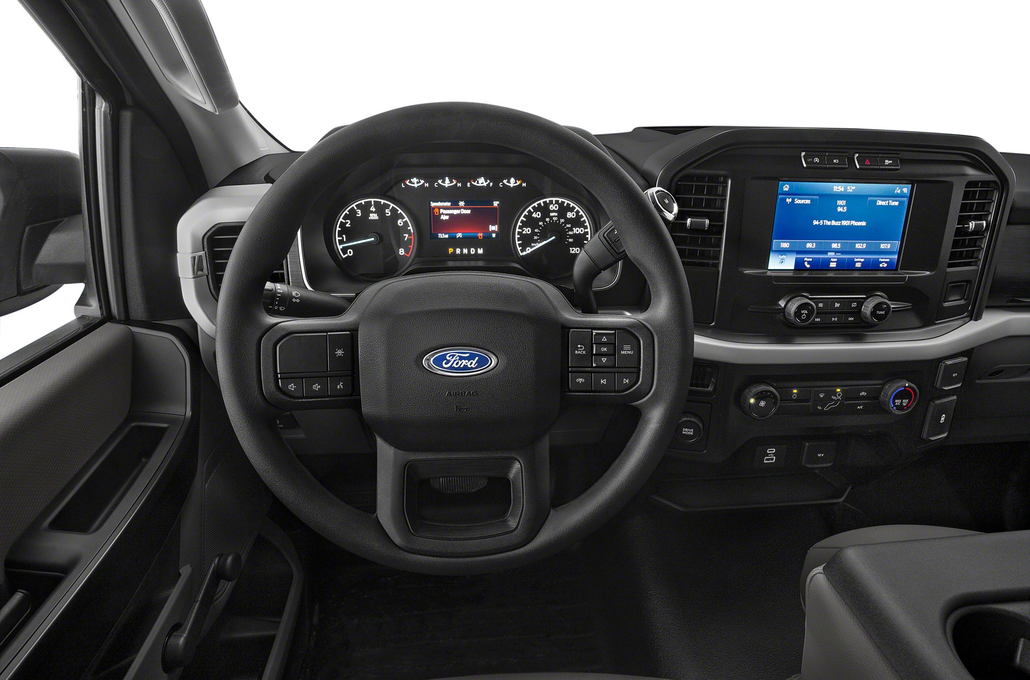 Dashboard, steering wheel, instrument cluster, and infotainment system interior
