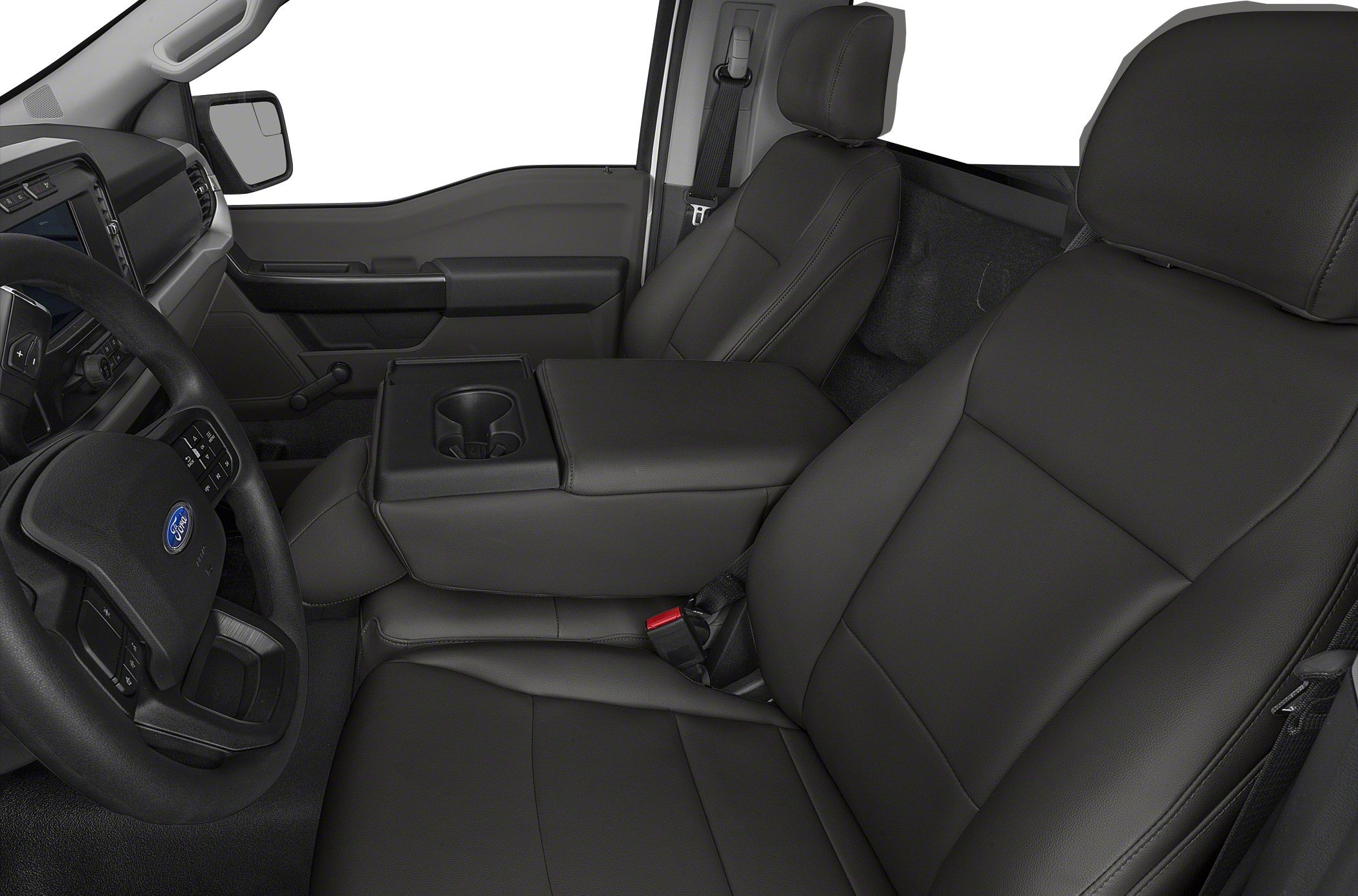 Black leather seats and center console with cup holders in truck interior
