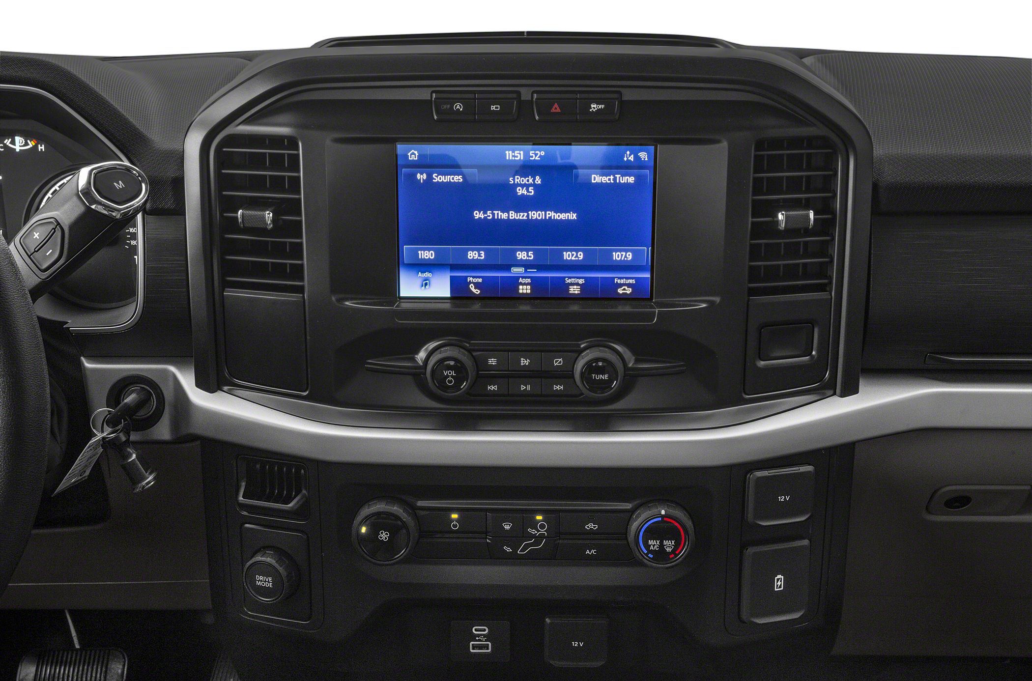 Infotainment touchscreen and climate control panel with knobs and buttons