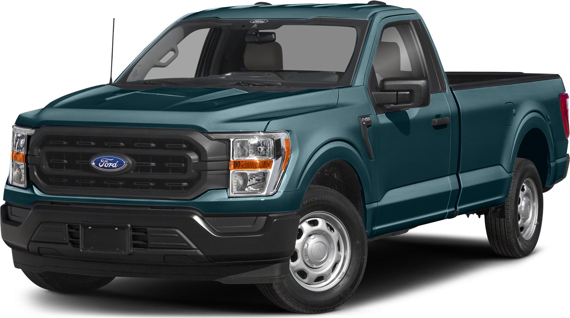 Front and side view of Regular Cab pickup truck with black grill and steel wheels