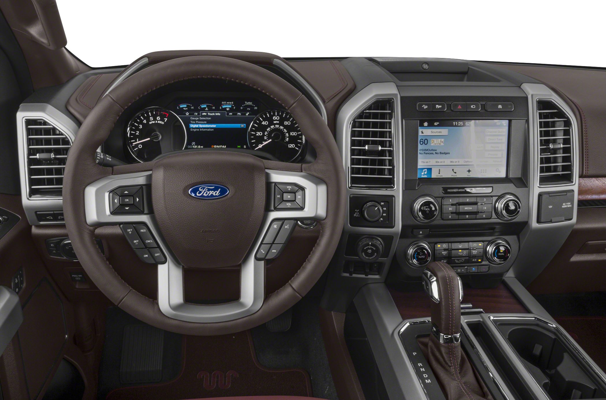 Digital instrument cluster and leather-wrapped steering wheel with infotainment center