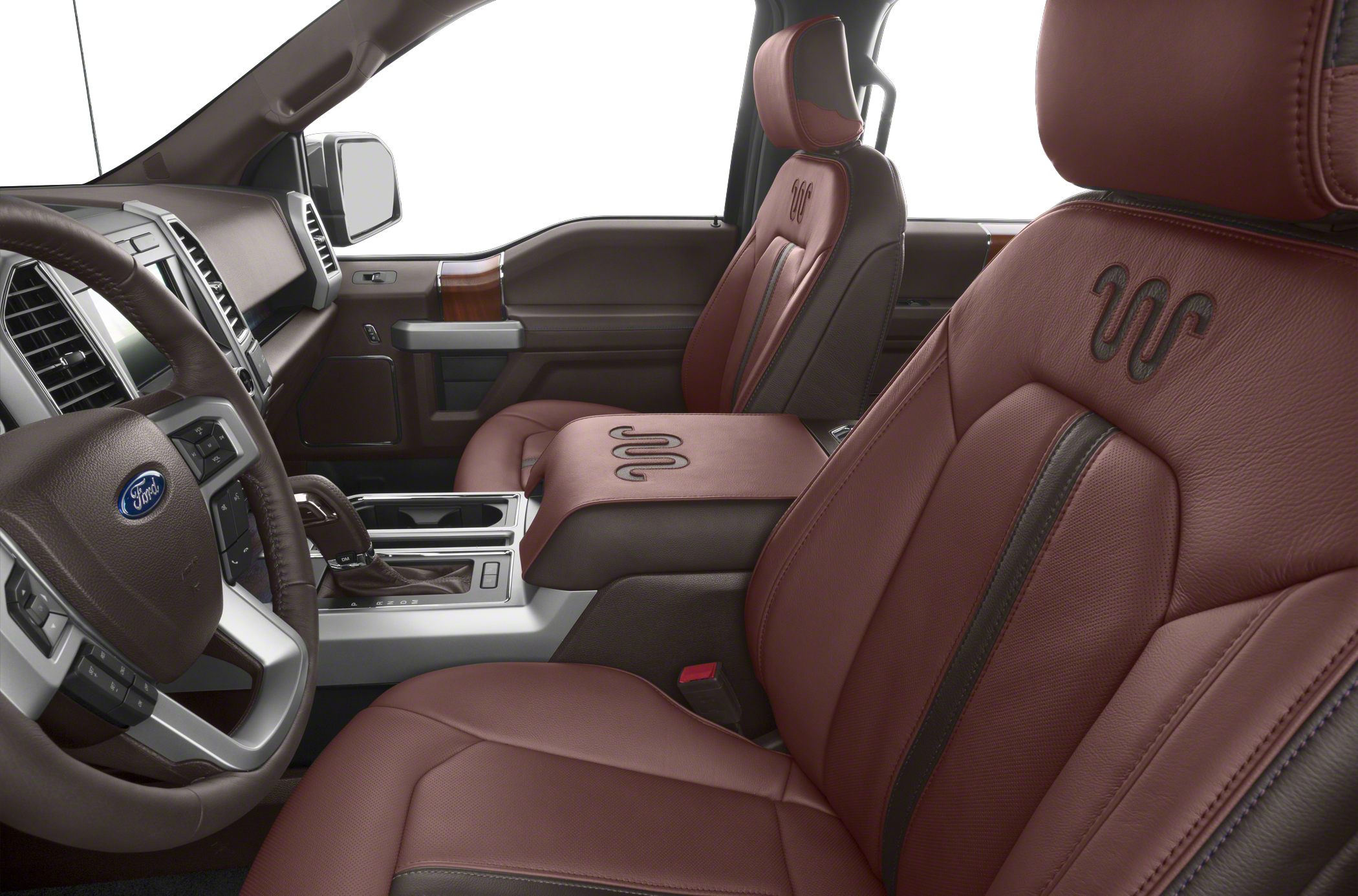 Brown leather seats with distinctive stitching and modern dashboard interior