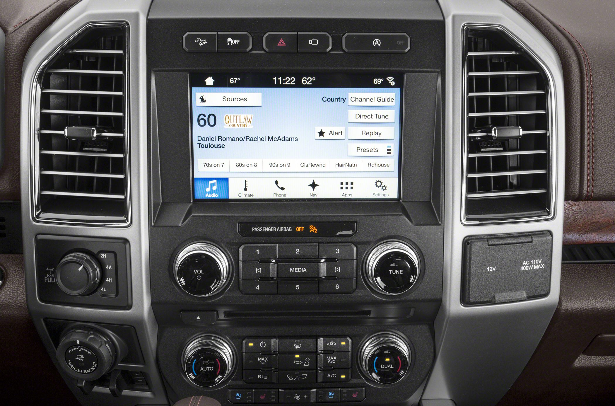 Touchscreen infotainment and climate control panel with dual knobs and vents