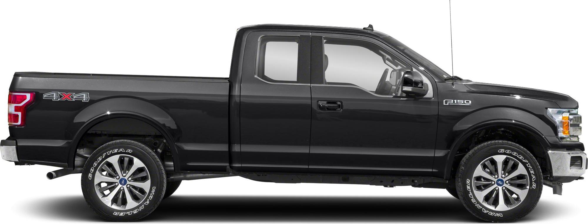 Side view of a black extended cab 4x4 pickup truck with alloy wheels