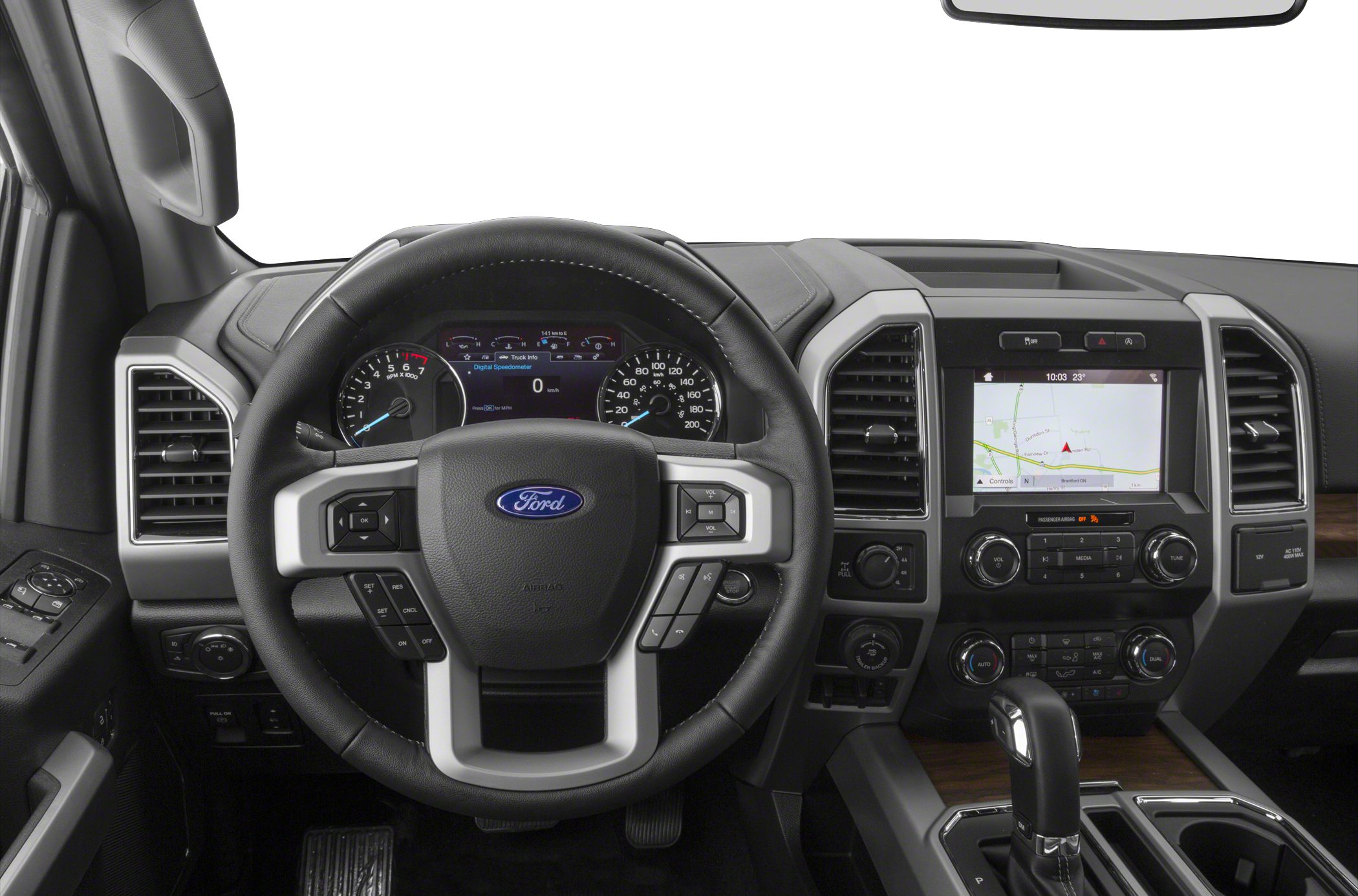Steering wheel, digital instrument cluster, touchscreen infotainment system