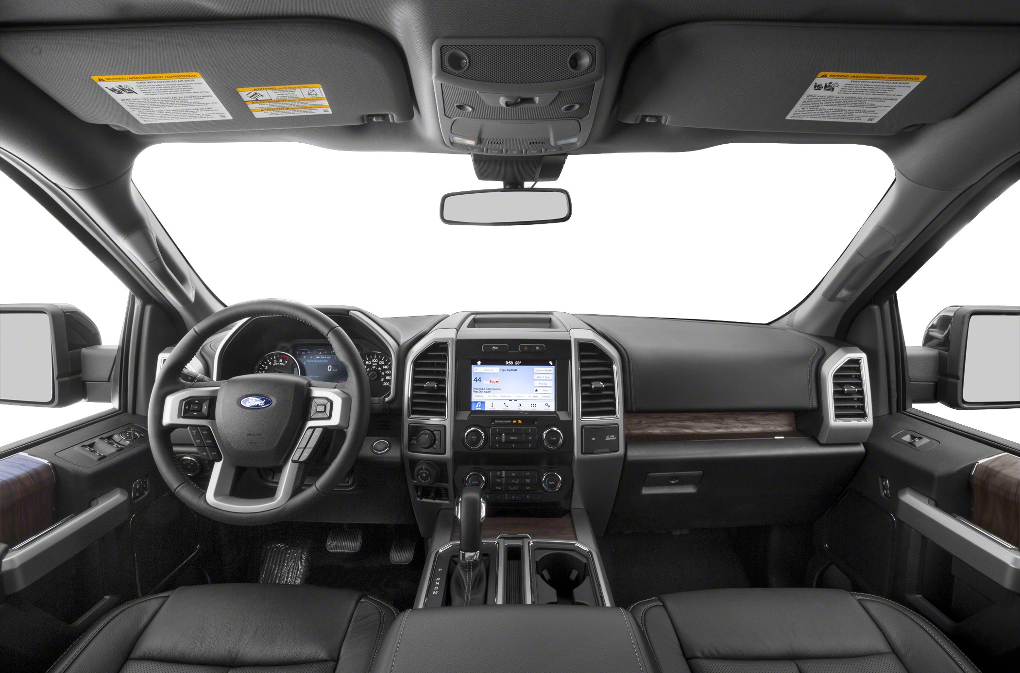 Interior dashboard with modern touchscreen and leather steering wheel