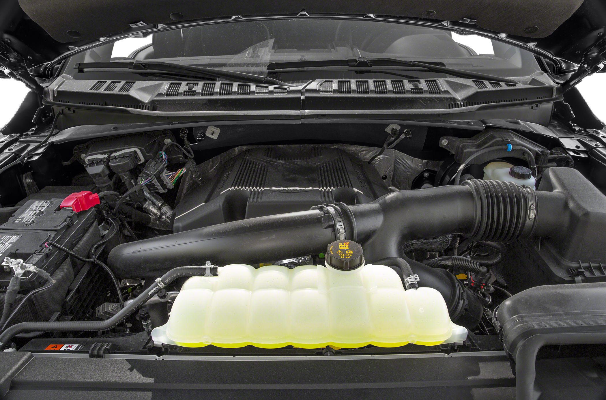 Engine bay with air intake and coolant reservoir
