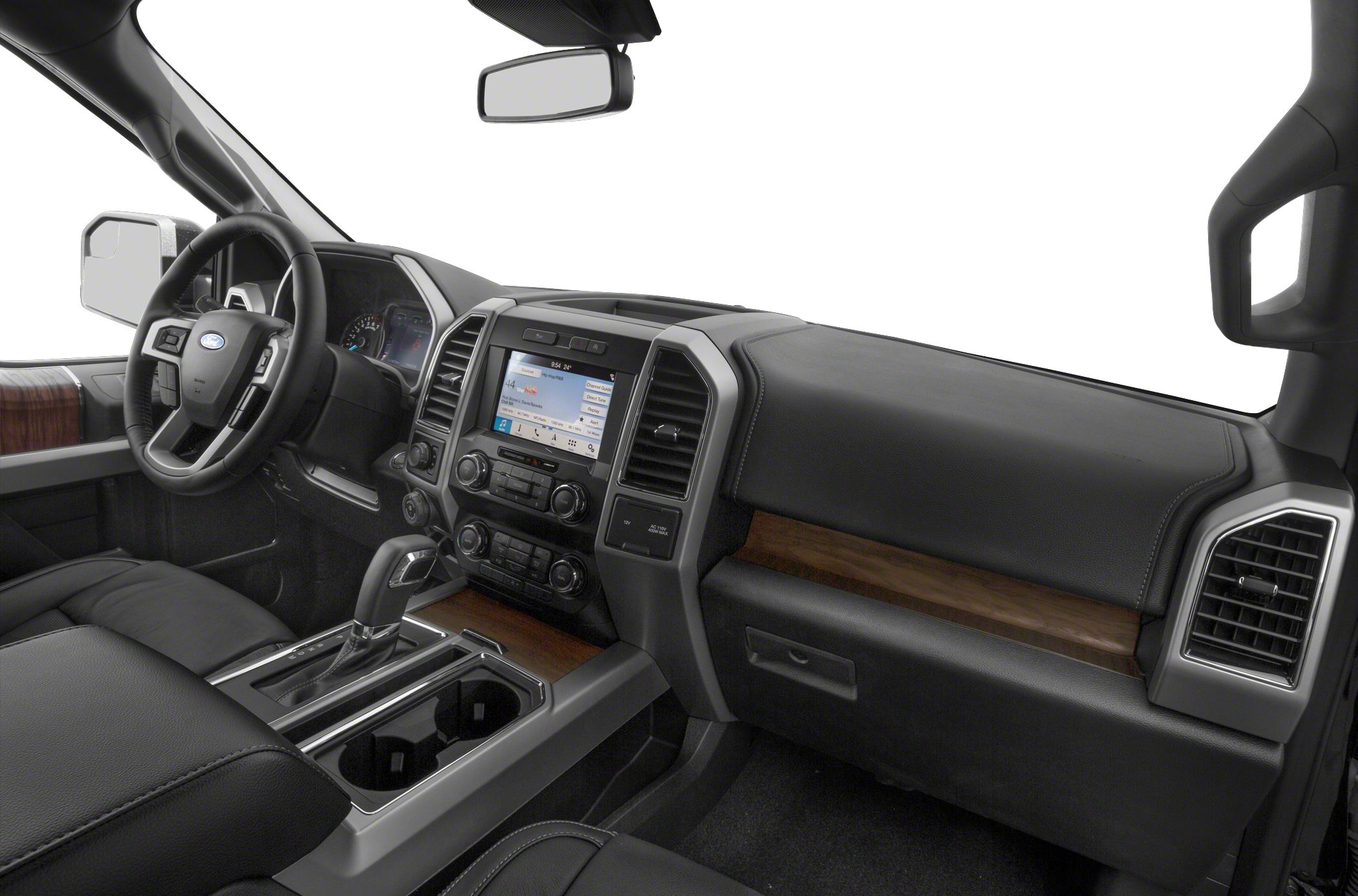 Dashboard and center console with touchscreen and wood trim