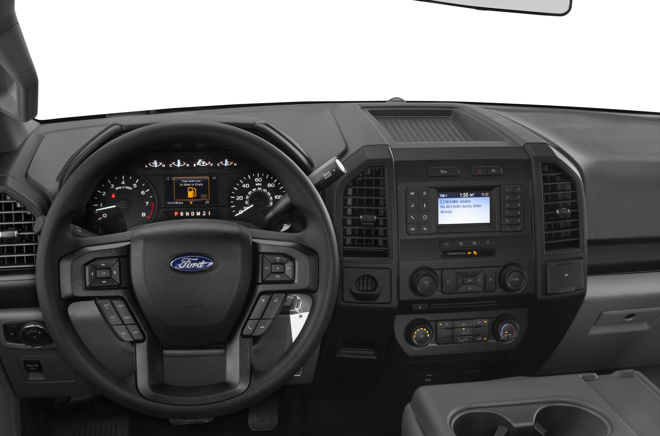 Steering wheel with controls, dashboard, infotainment and climate control panels