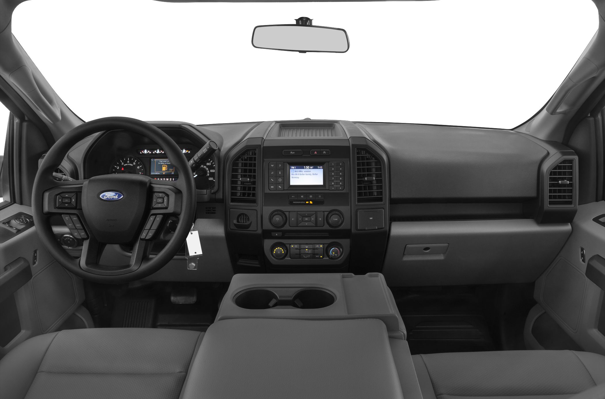 Steering wheel, dashboard, center console with controls