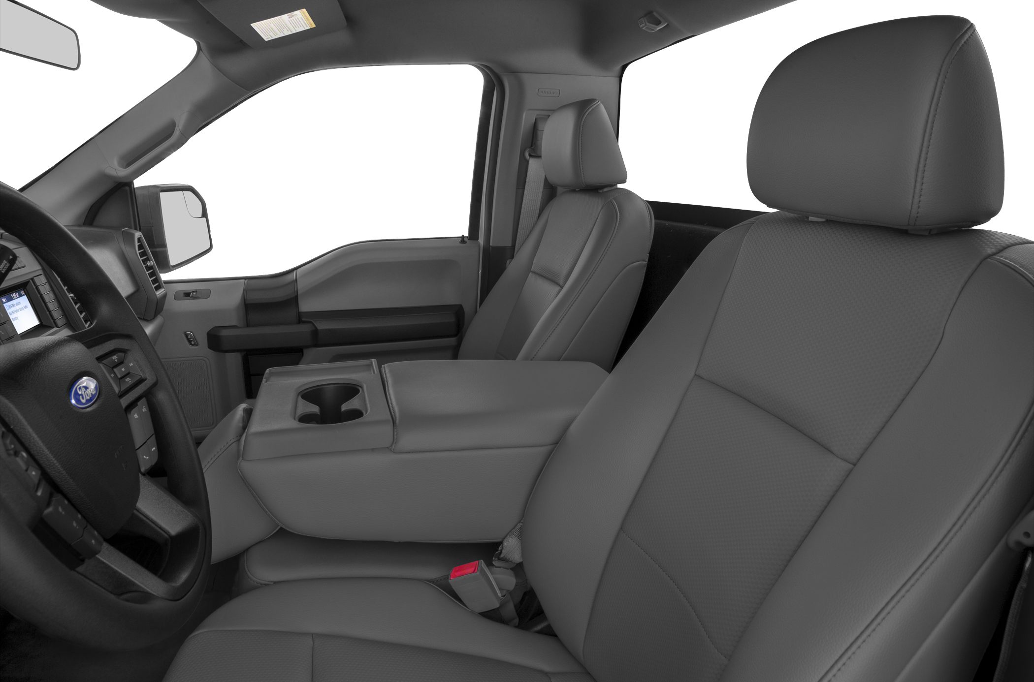 Front seats and center console with cup holders in truck interior