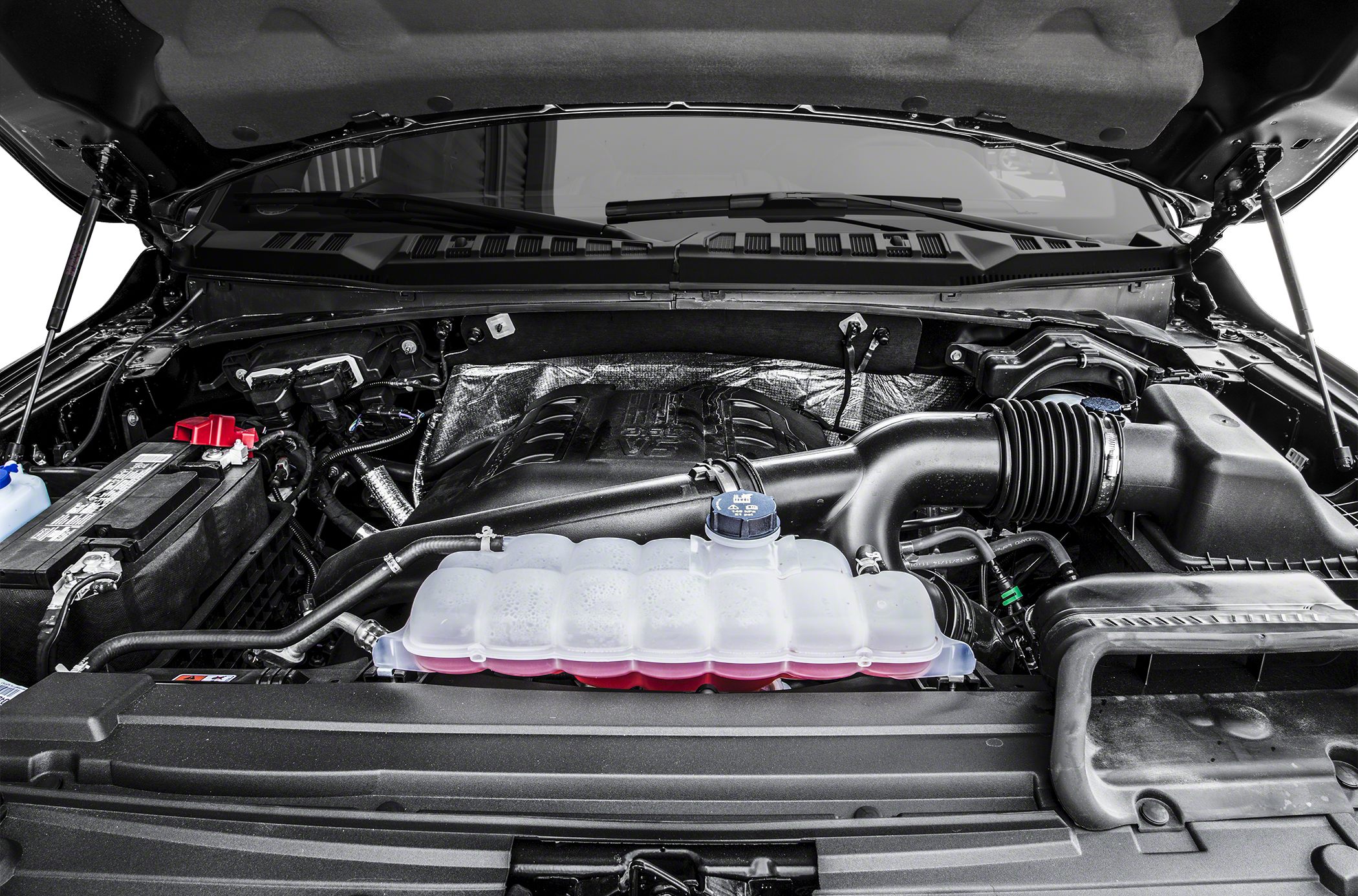 Engine bay with cooling system and air intake components