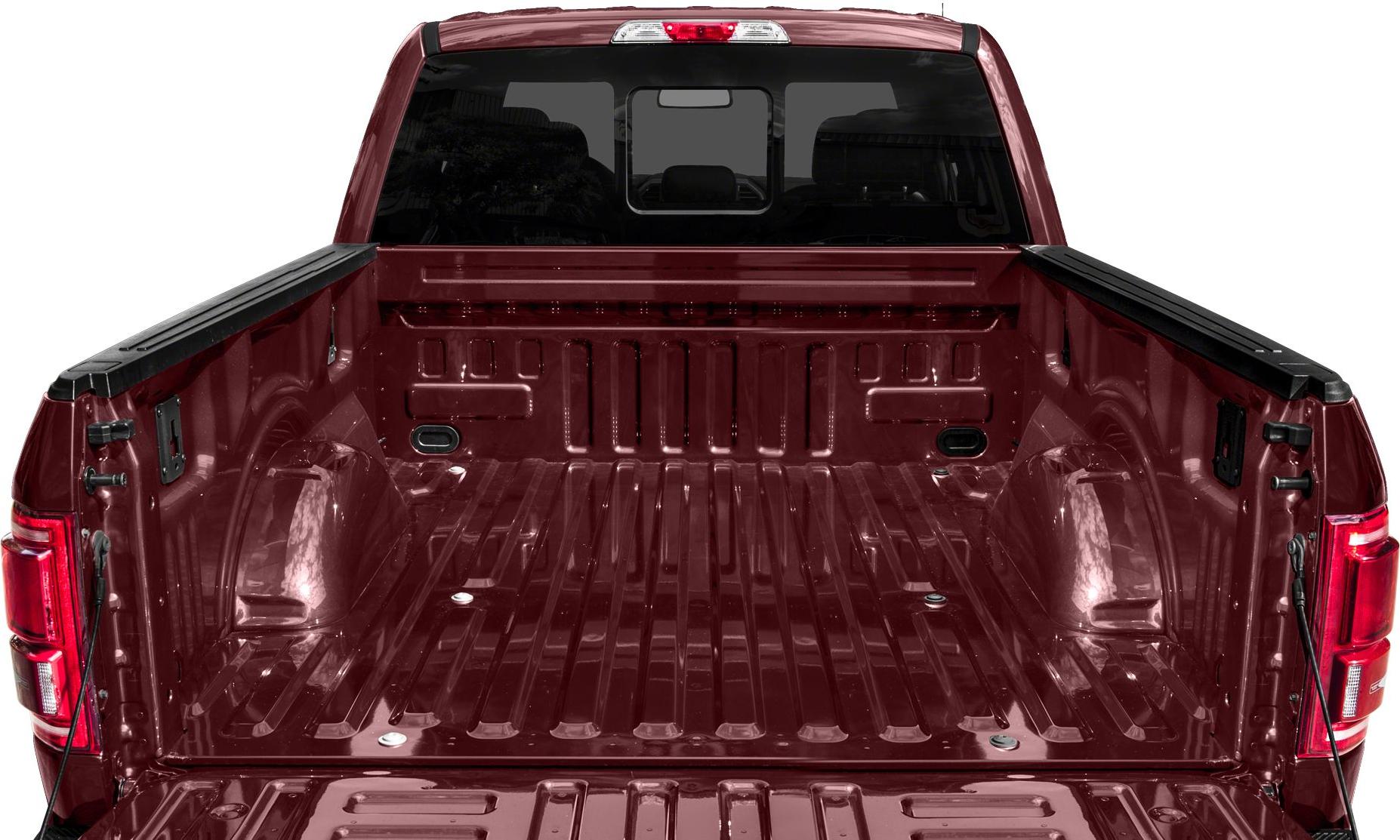 Pickup truck bed interior with tailgate down and cargo area