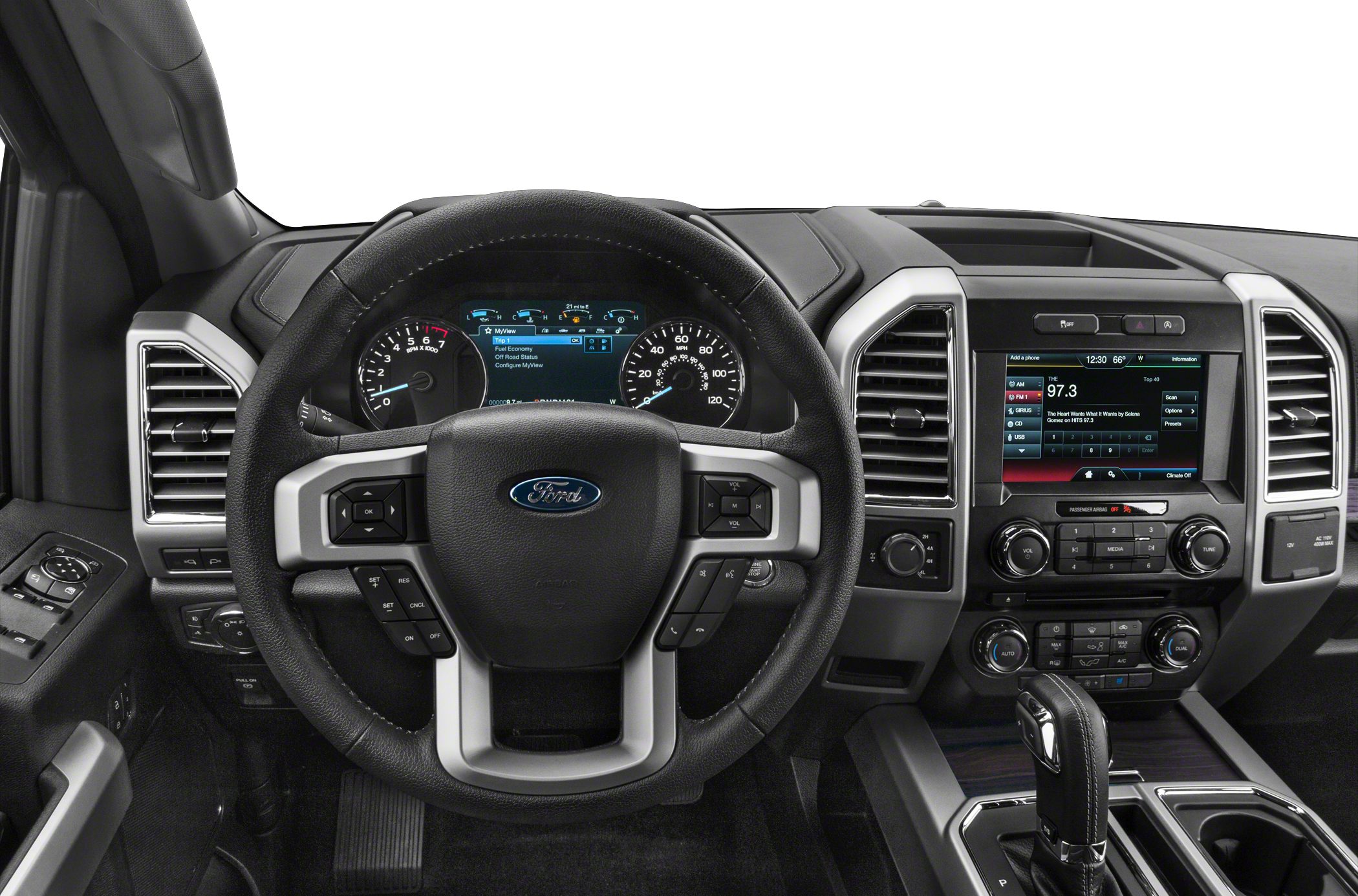 Modern steering wheel and dashboard with infotainment screen and gear shift