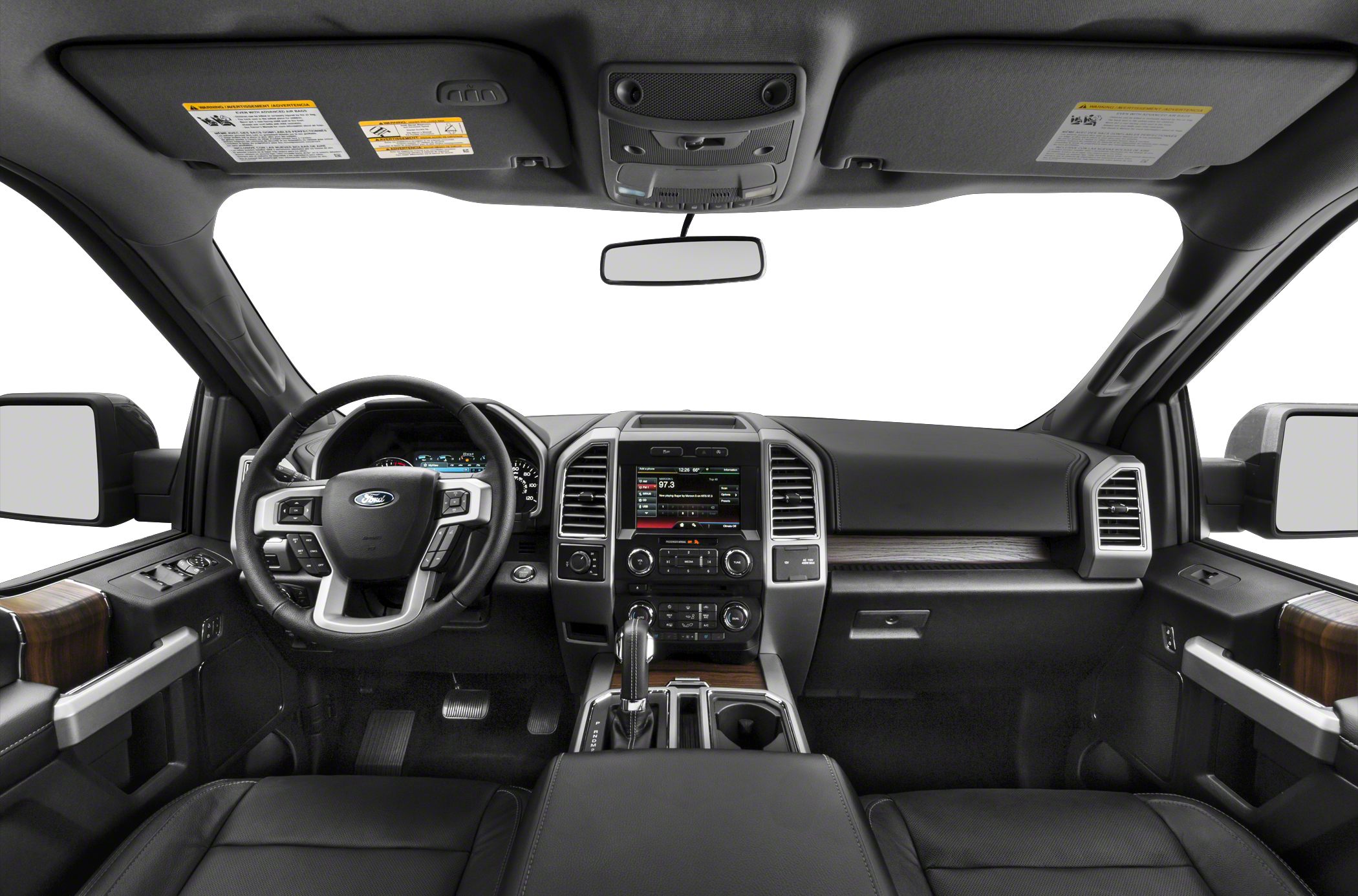 Interior dashboard and steering wheel with center console of a modern pickup truck