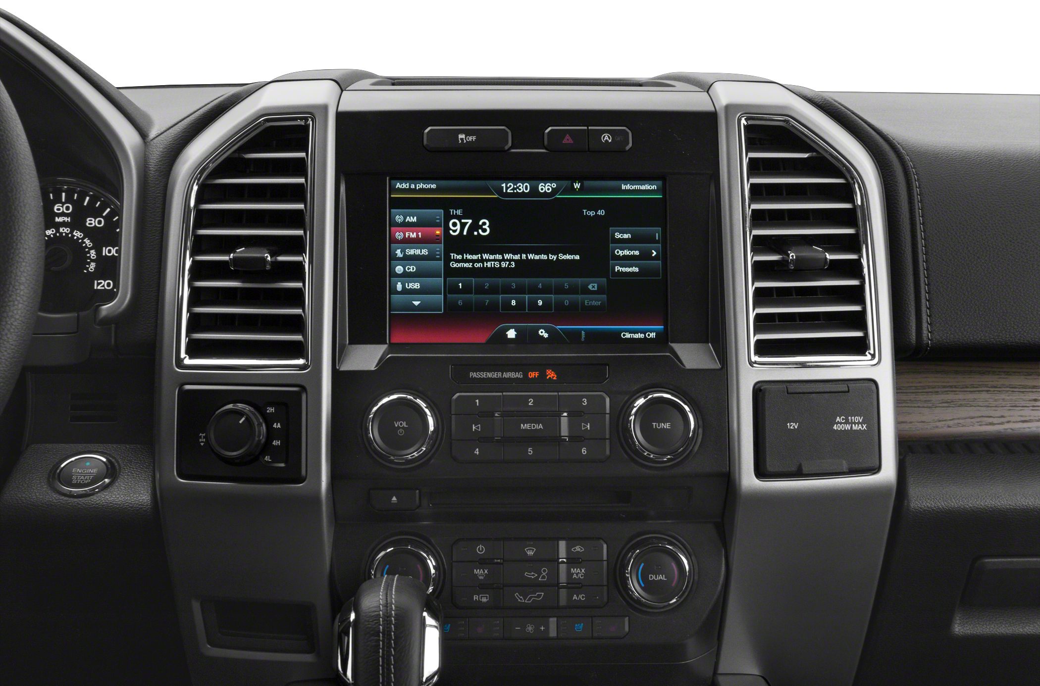 Dashboard with infotainment, climate controls, gear shift