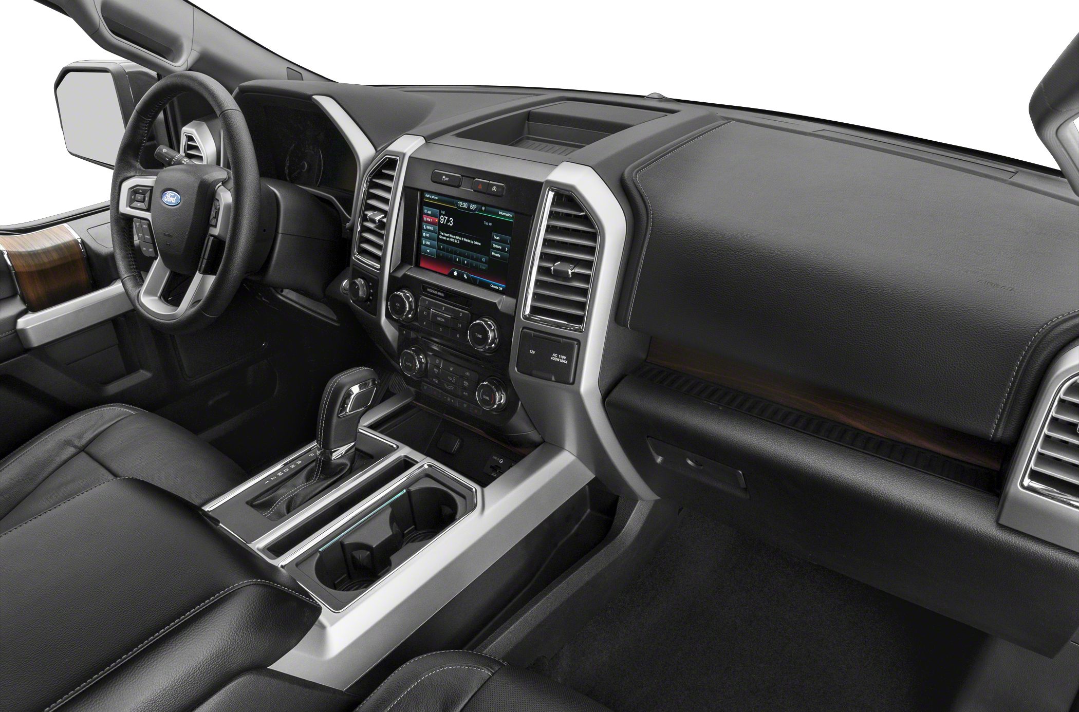 Dashboard, infotainment screen, center console with gear shifter