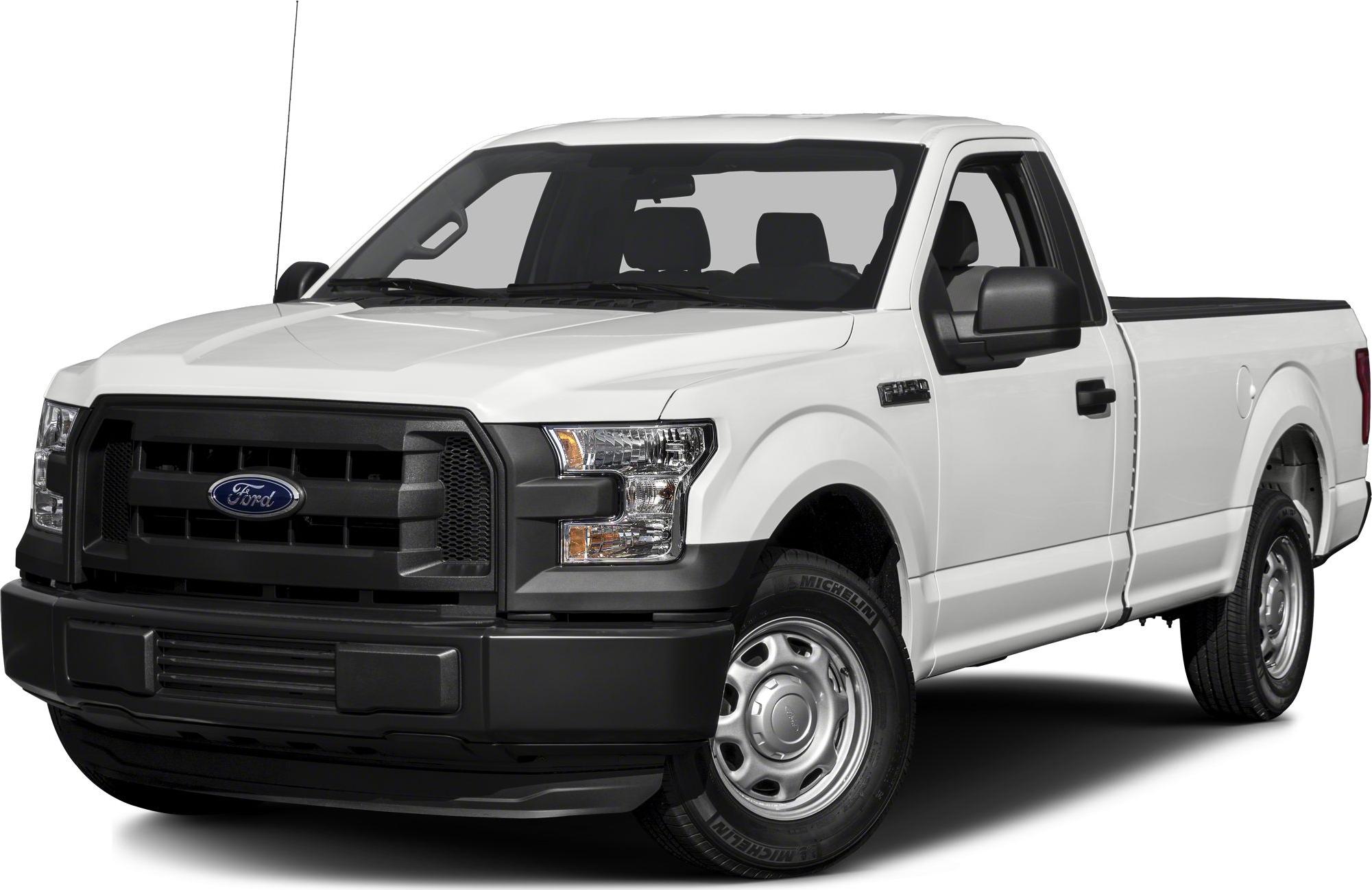 Front view of white regular cab pickup with black grille and steel wheels