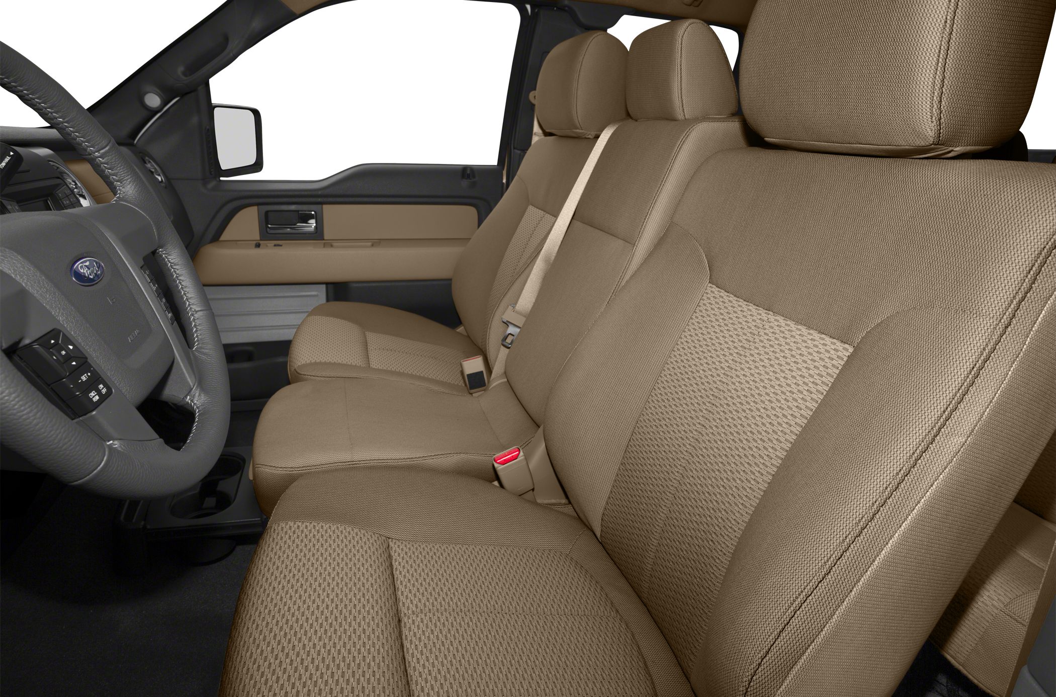 Beige fabric front seats and steering wheel interior details