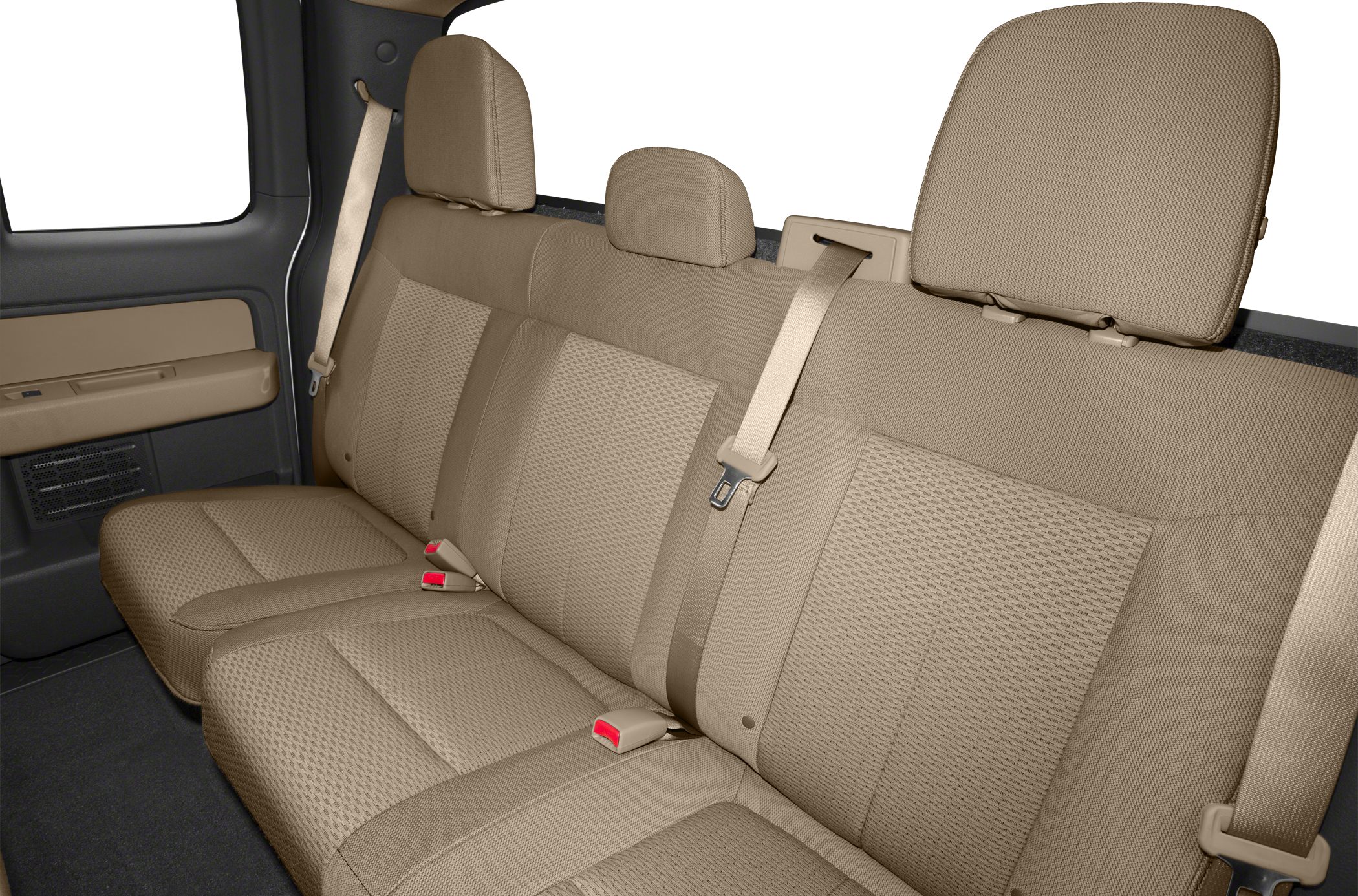 Beige fabric rear seat with seat belts in pickup interior