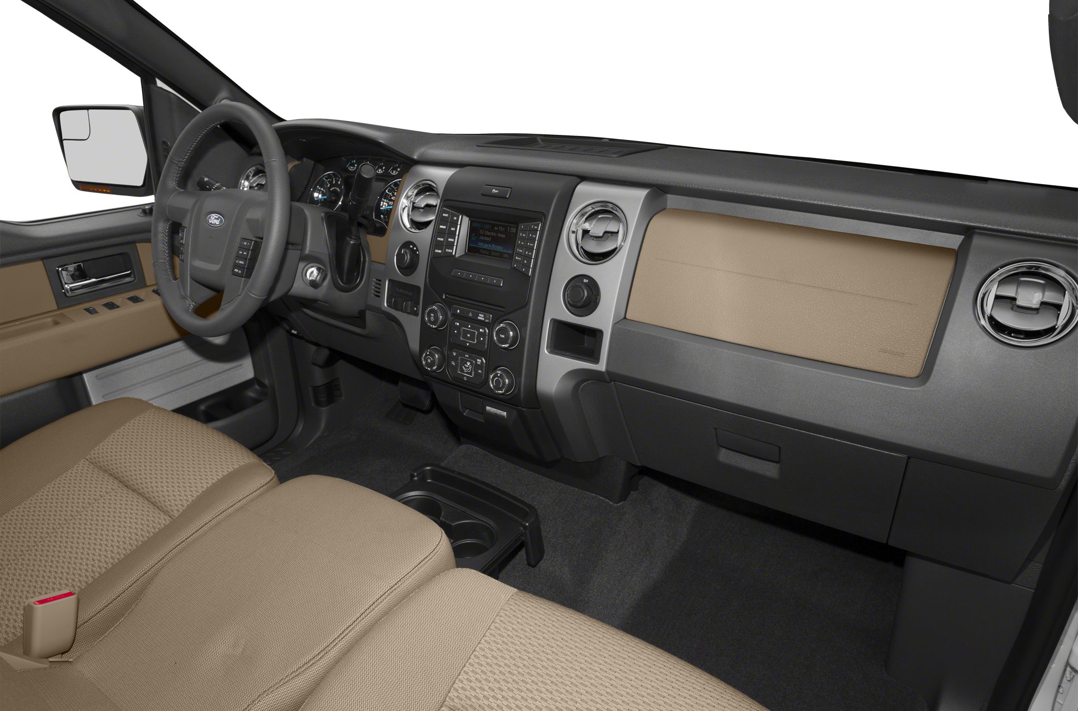 Pickup truck front cabin interior with dashboard and beige seats
