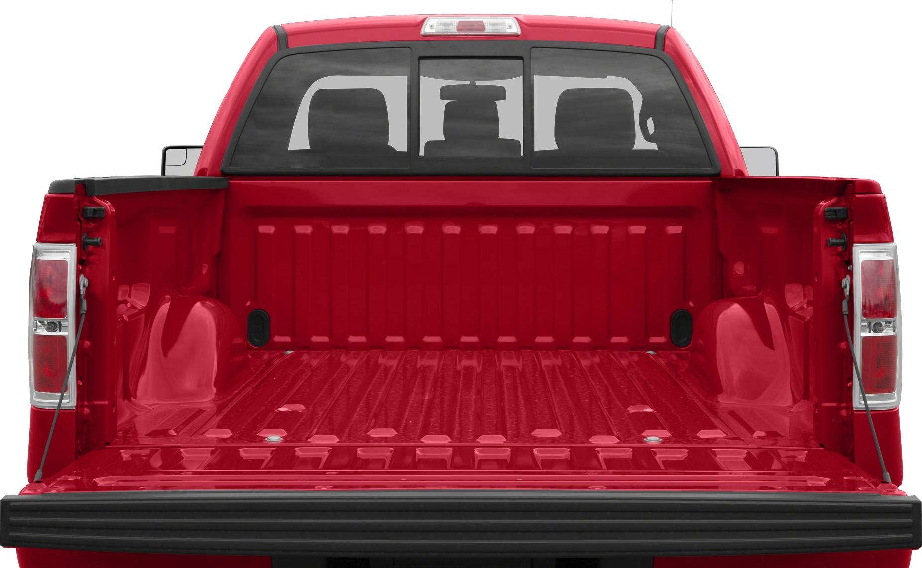 Open red truck bed and tailgate rear view of pickup.