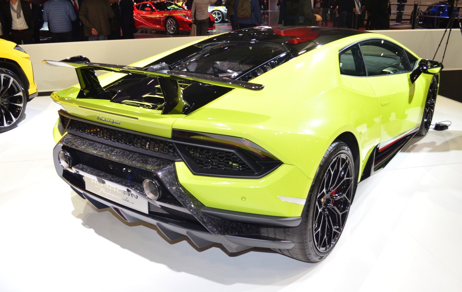 Rear view with large spoiler and aggressive diffuser of a high-performance sports car