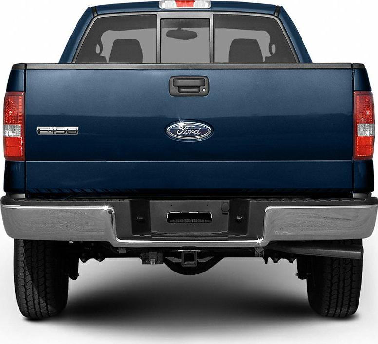 Rear view of pickup tailgate and bumper with brake lights