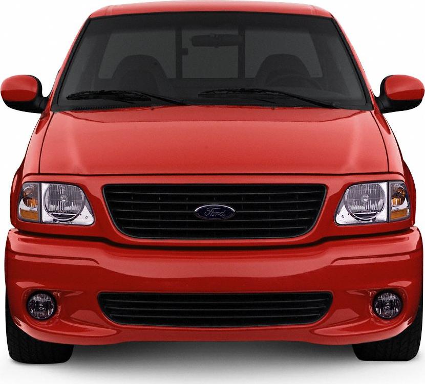 Front view of red truck with grille, headlights, and bumper