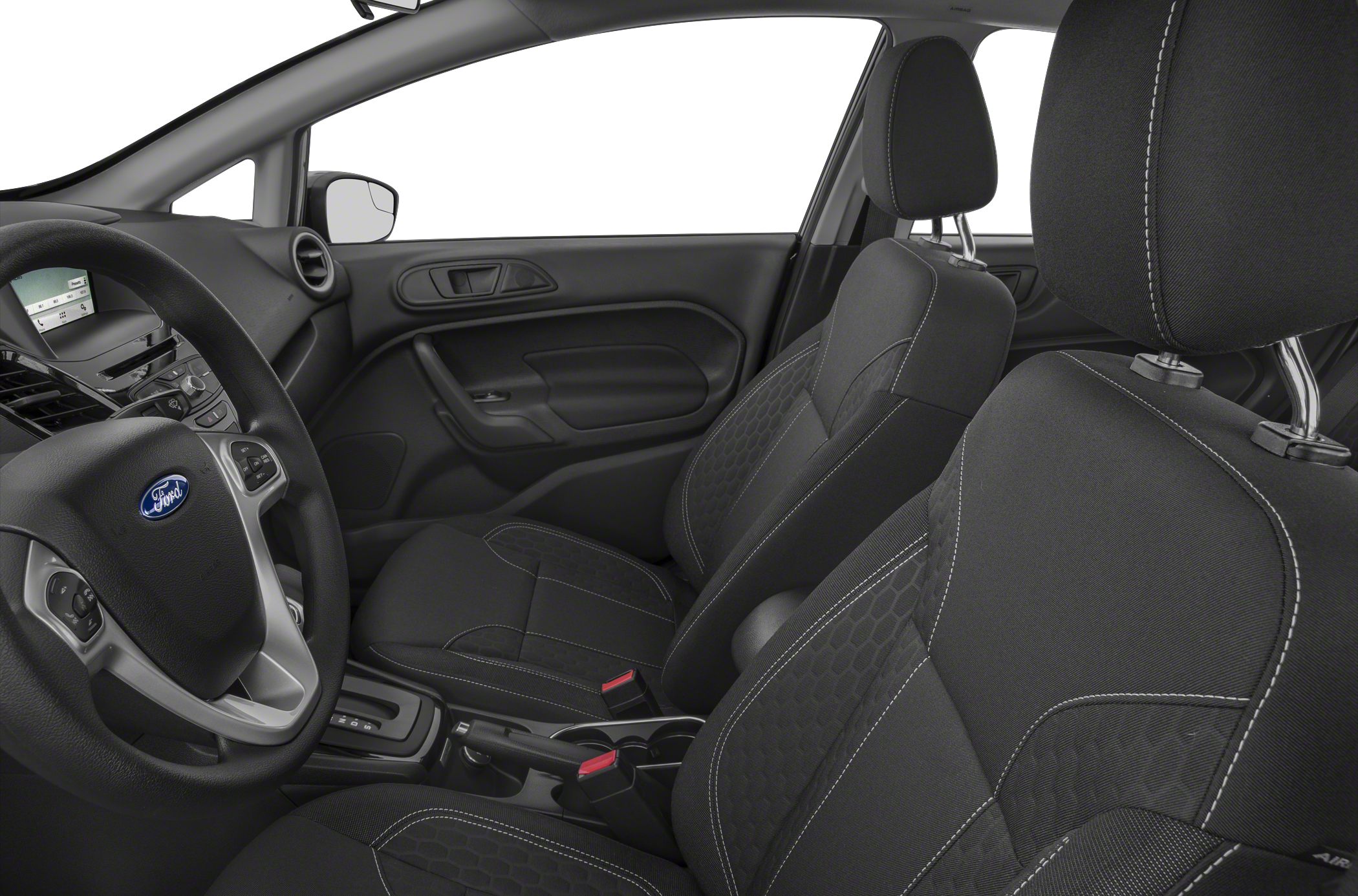 Front seats, steering wheel, and dashboard of a compact car interior