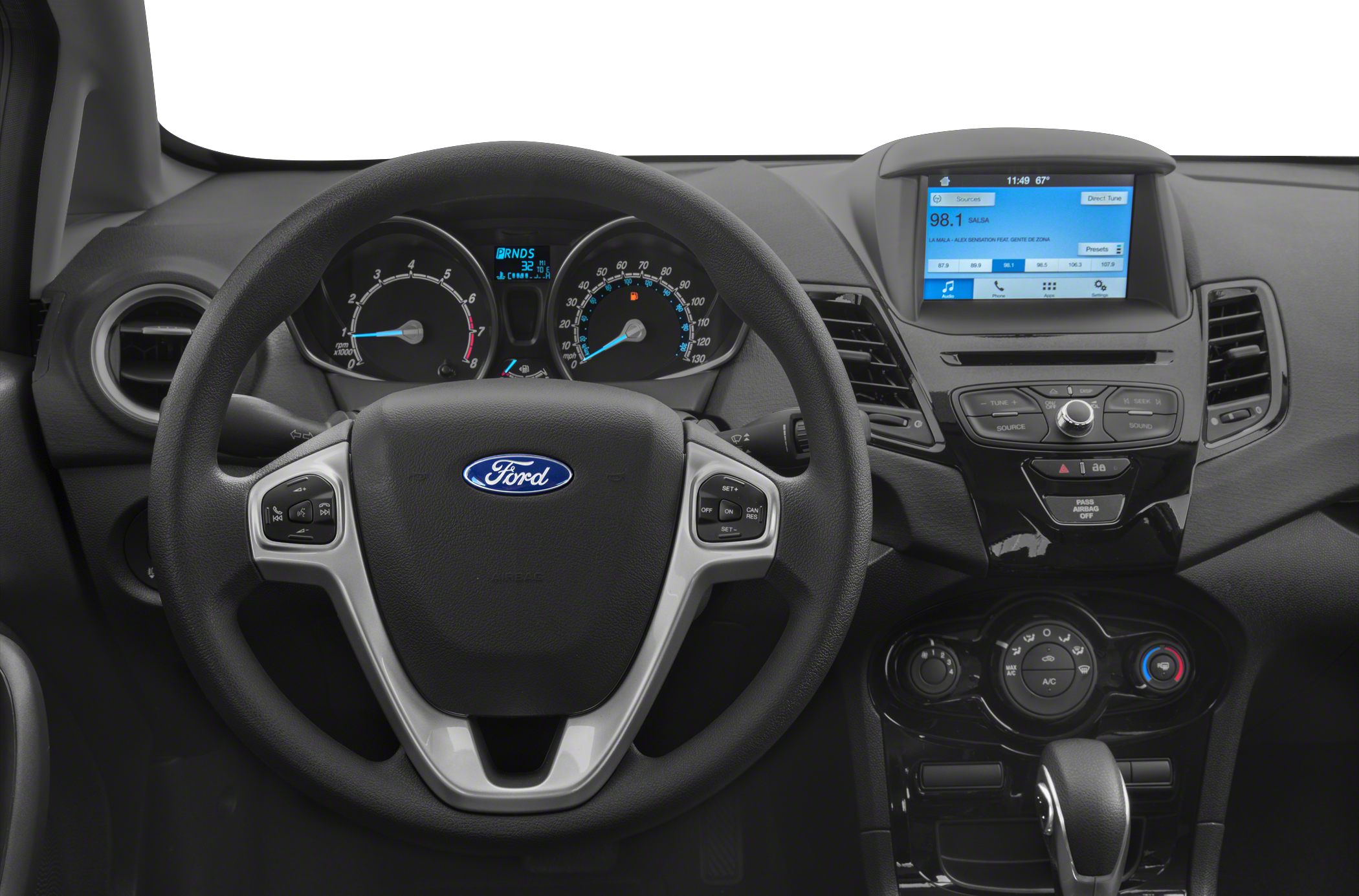 Dashboard, steering wheel with controls, instrument cluster, touchscreen display