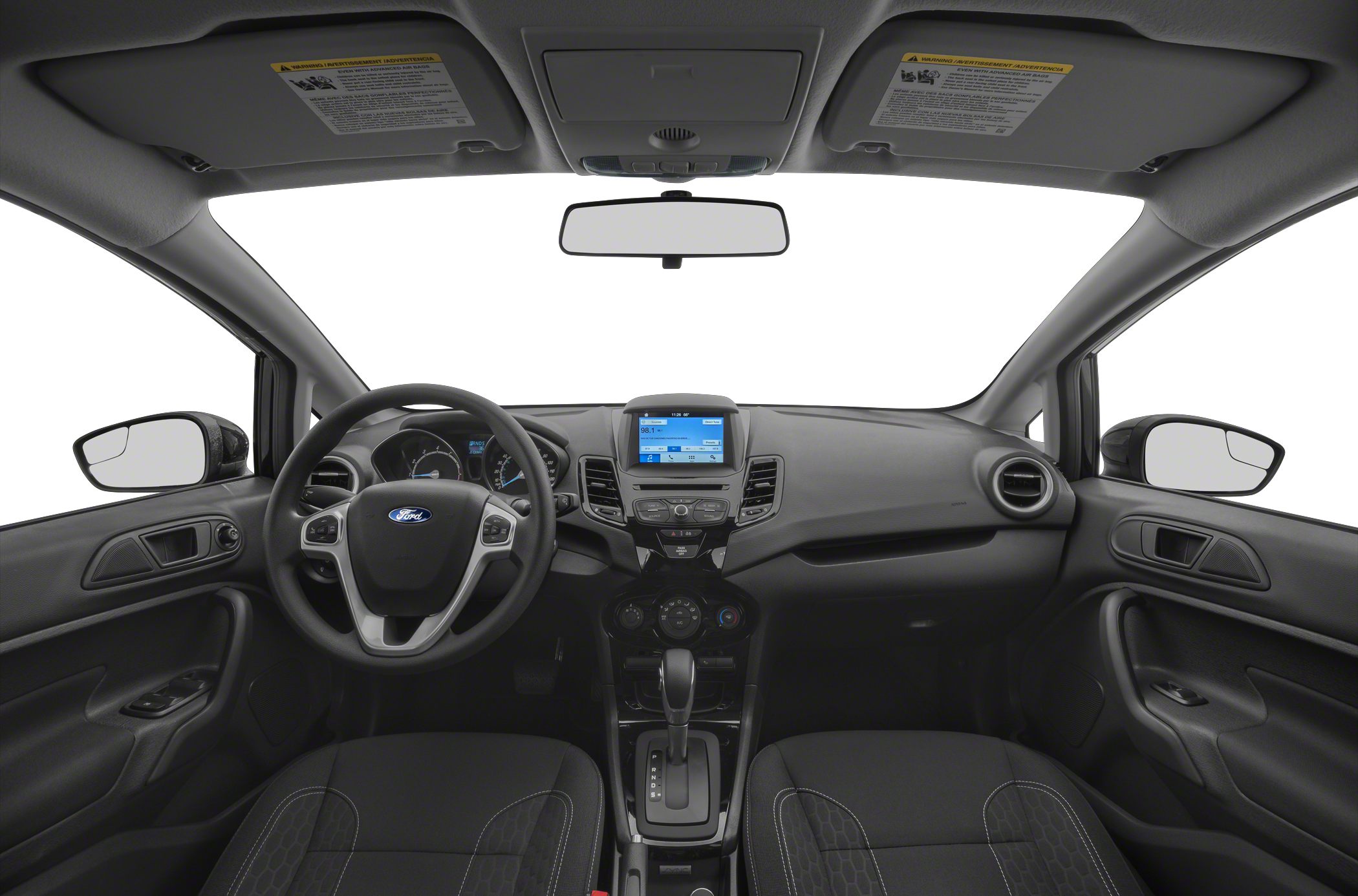 Steering wheel, dashboard, central display, and gear shift of a car interior