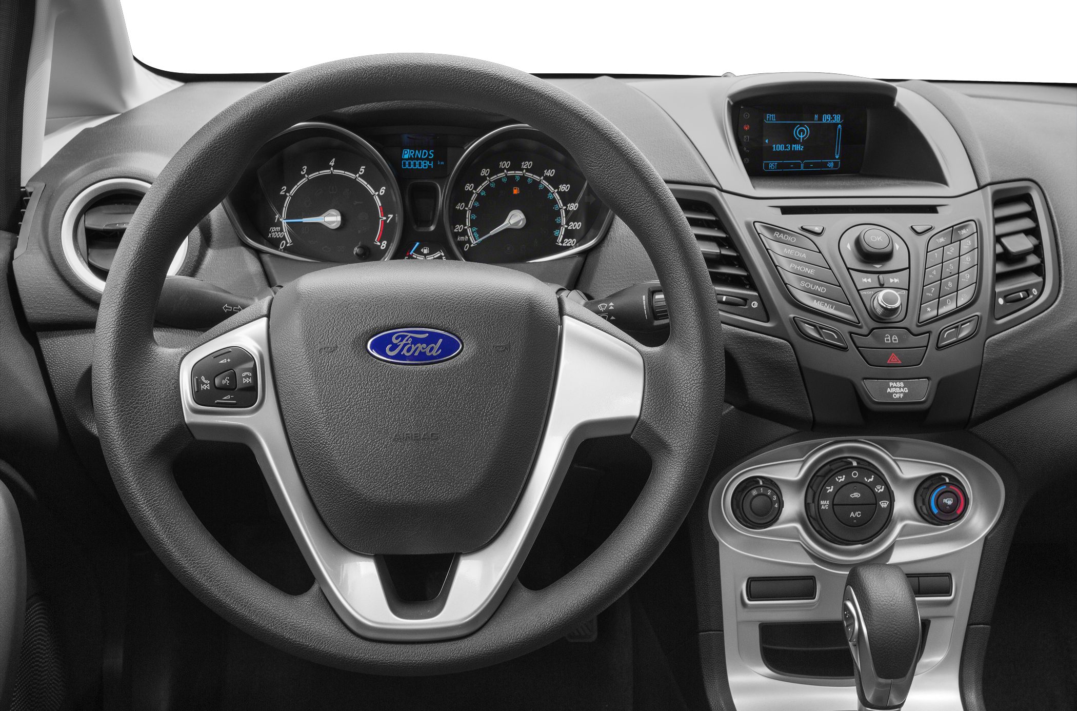 Dashboard, steering wheel, center console with controls